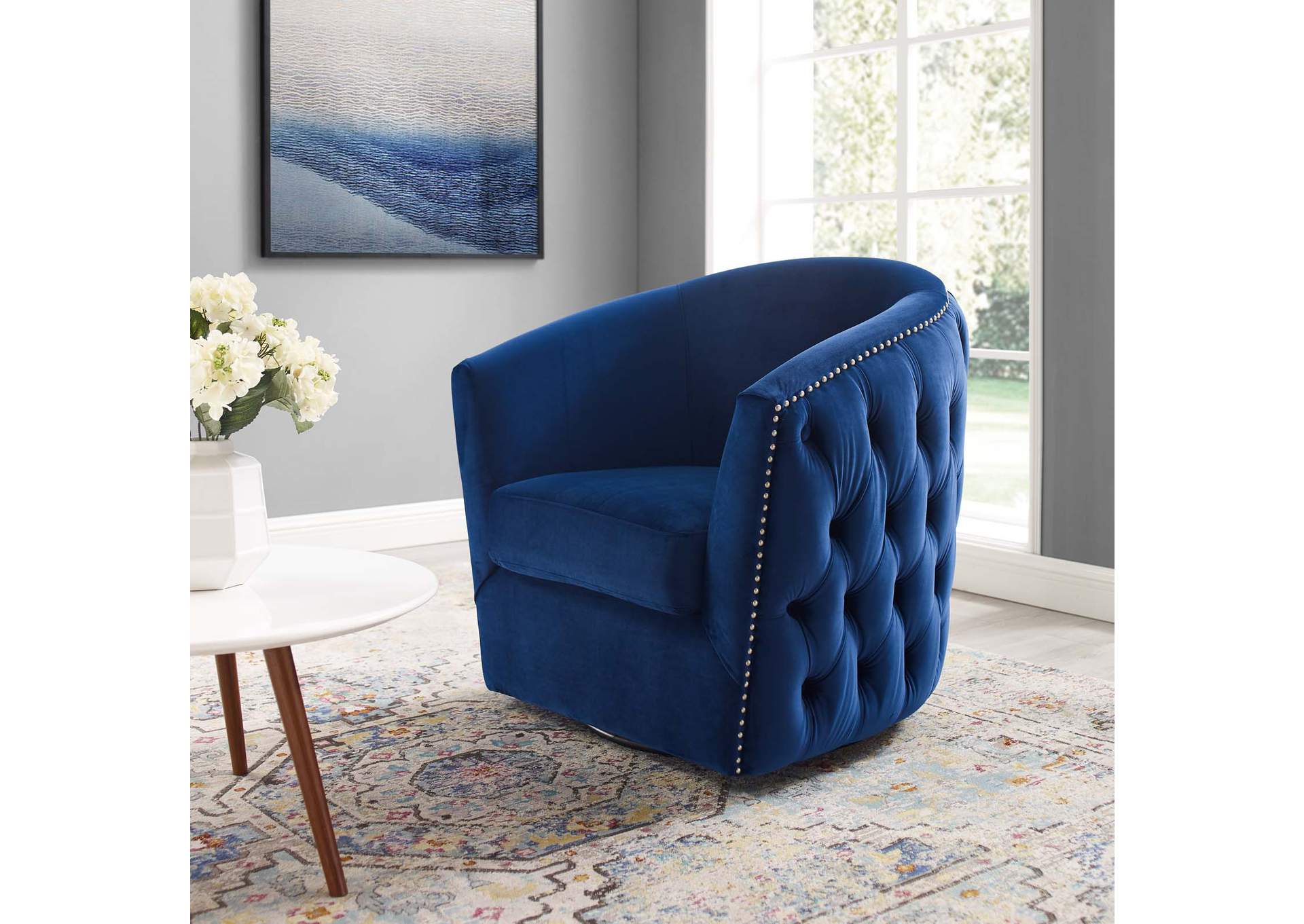 Navy Rogue Swivel Performance Velvet Arm Chair,Modway