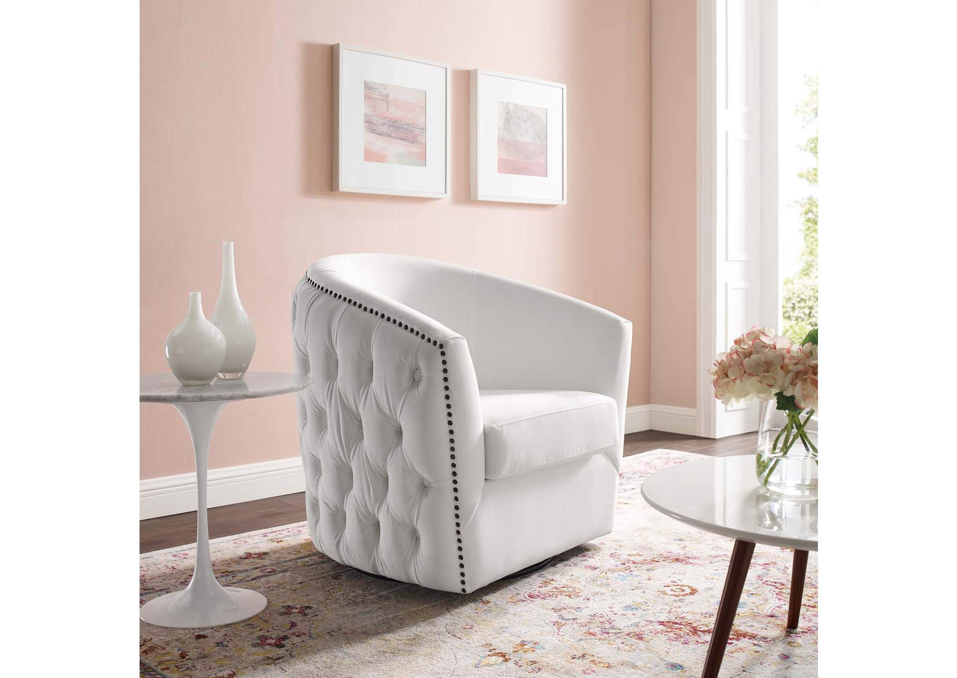 White Rogue Swivel Performance Velvet Arm Chair,Modway