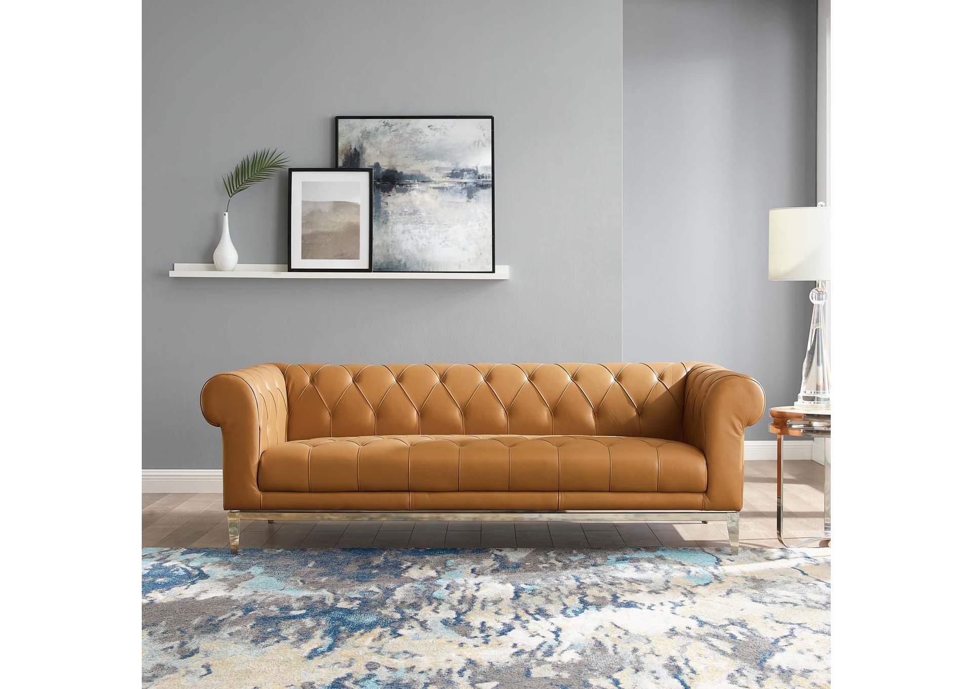 Tan Idyll Tufted Button Upholstered Leather Chesterfield Sofa,Modway