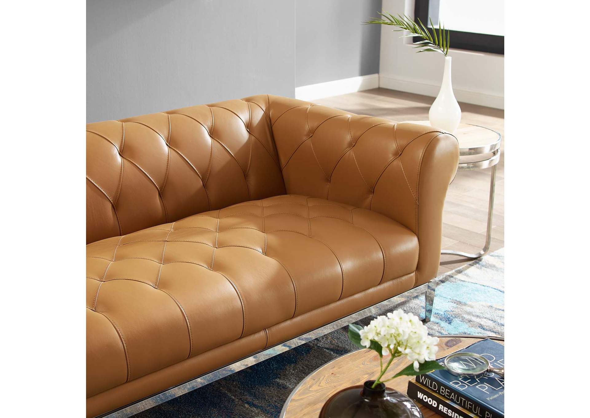 Tan Idyll Tufted Button Upholstered Leather Chesterfield Loveseat,Modway