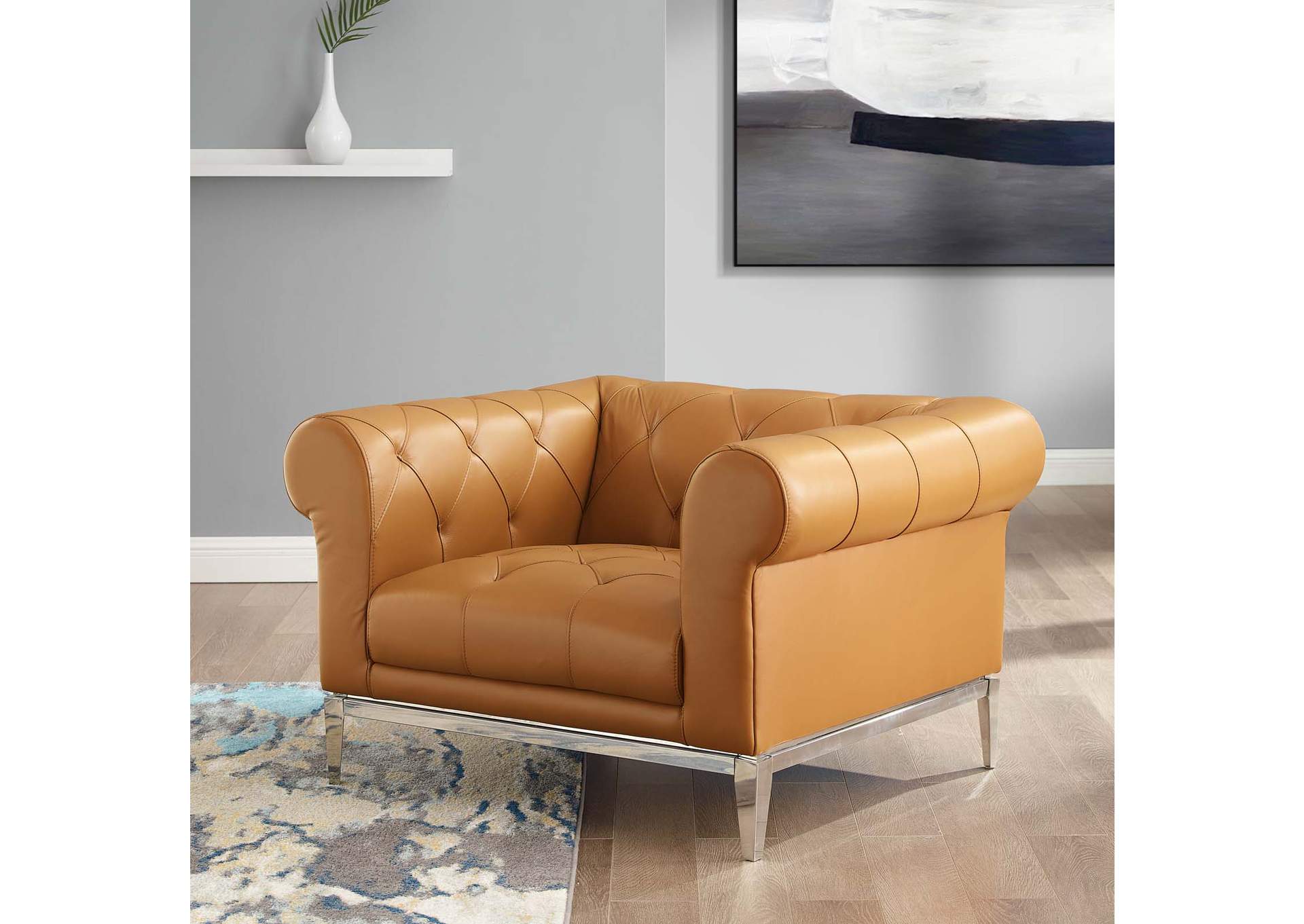 Tan Idyll Tufted Button Upholstered Leather Chesterfield Armchair,Modway