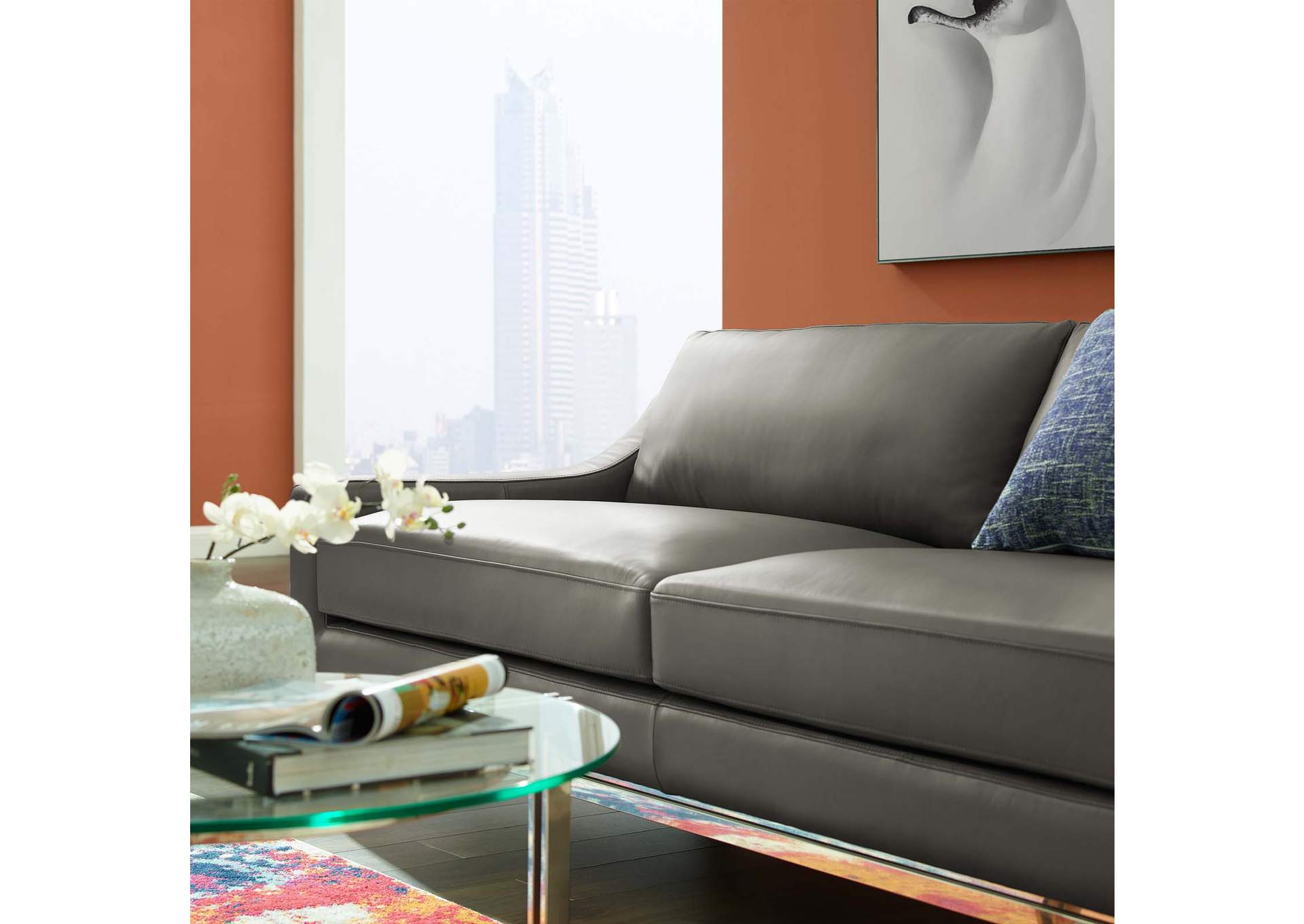 Gray Harness 83.5" Stainless Steel Base Leather Sofa,Modway