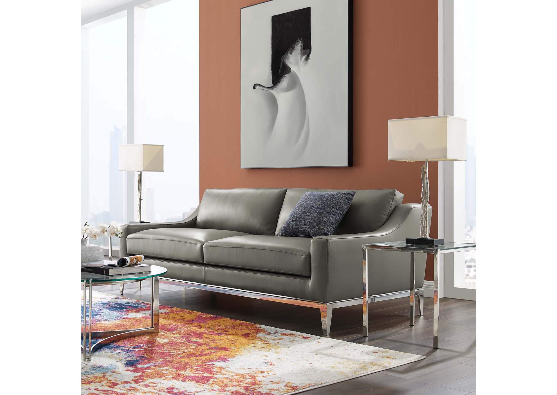 Gray Harness 83.5" Stainless Steel Base Leather Sofa,Modway