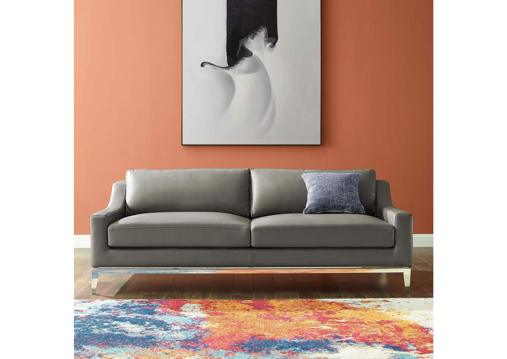 Gray Harness 83.5" Stainless Steel Base Leather Sofa,Modway