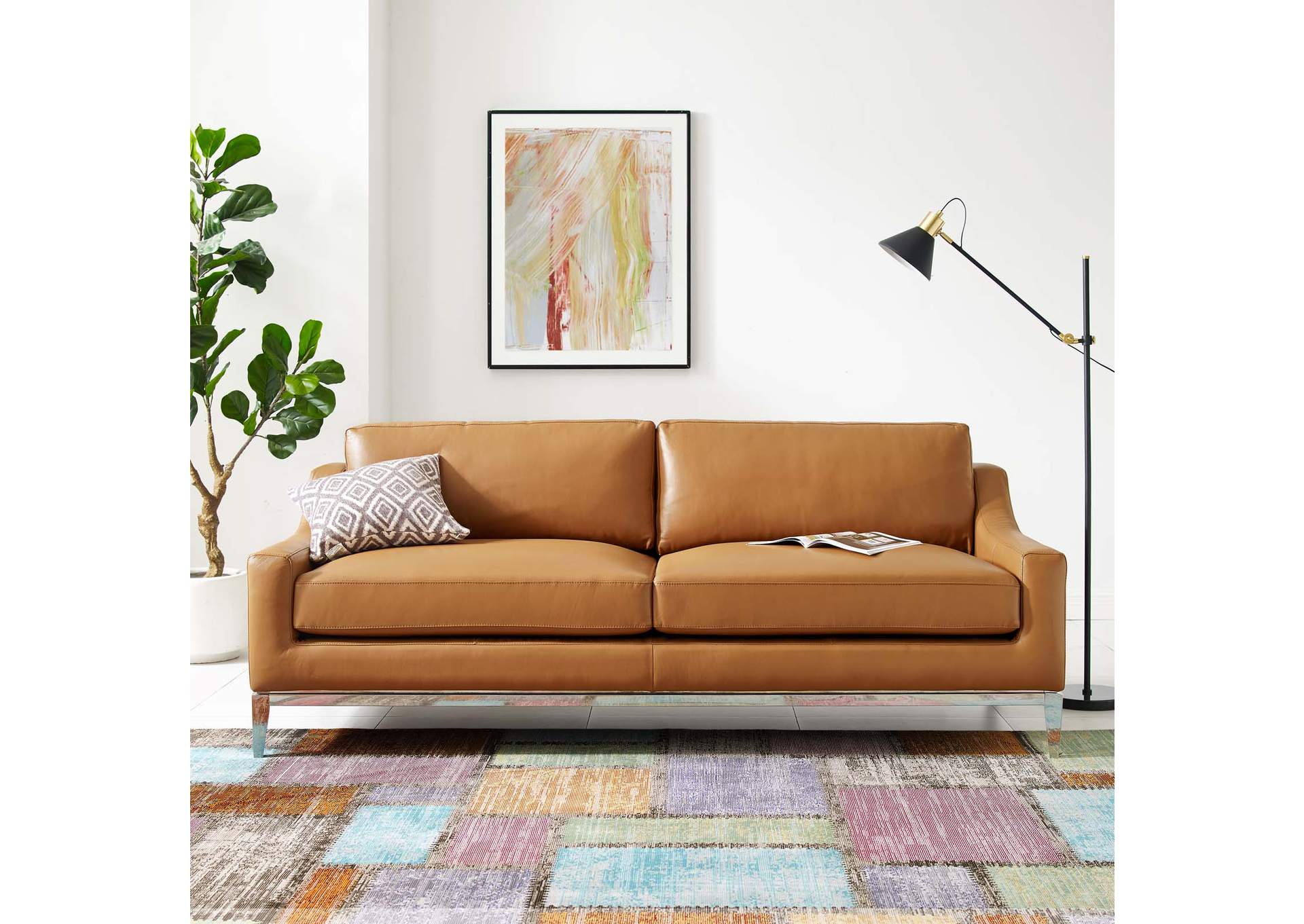 Tan Harness 83.5" Stainless Steel Base Leather Sofa,Modway