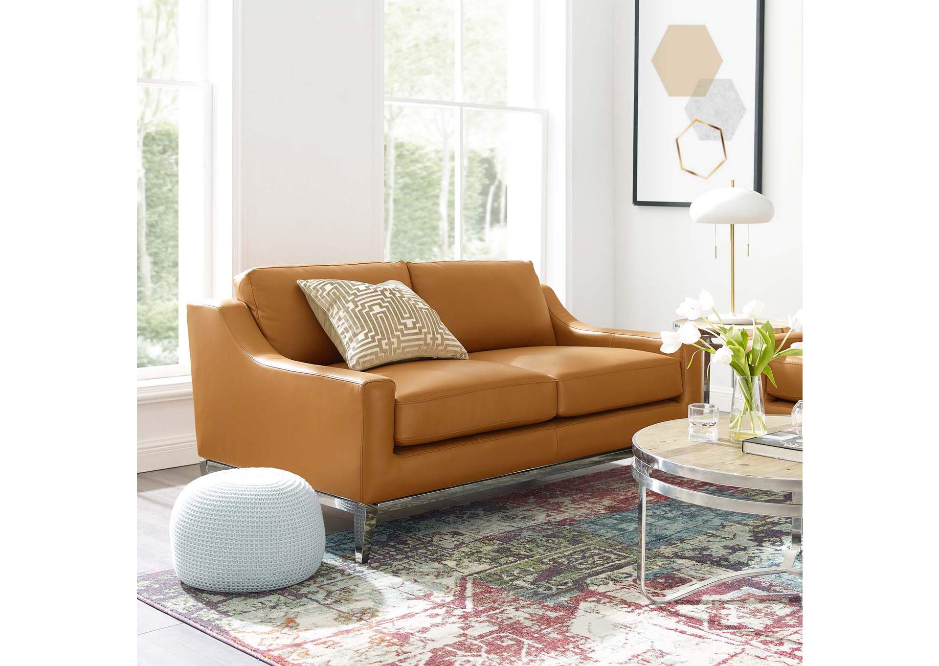 Tan Harness 64" Stainless Steel Base Leather Loveseat,Modway
