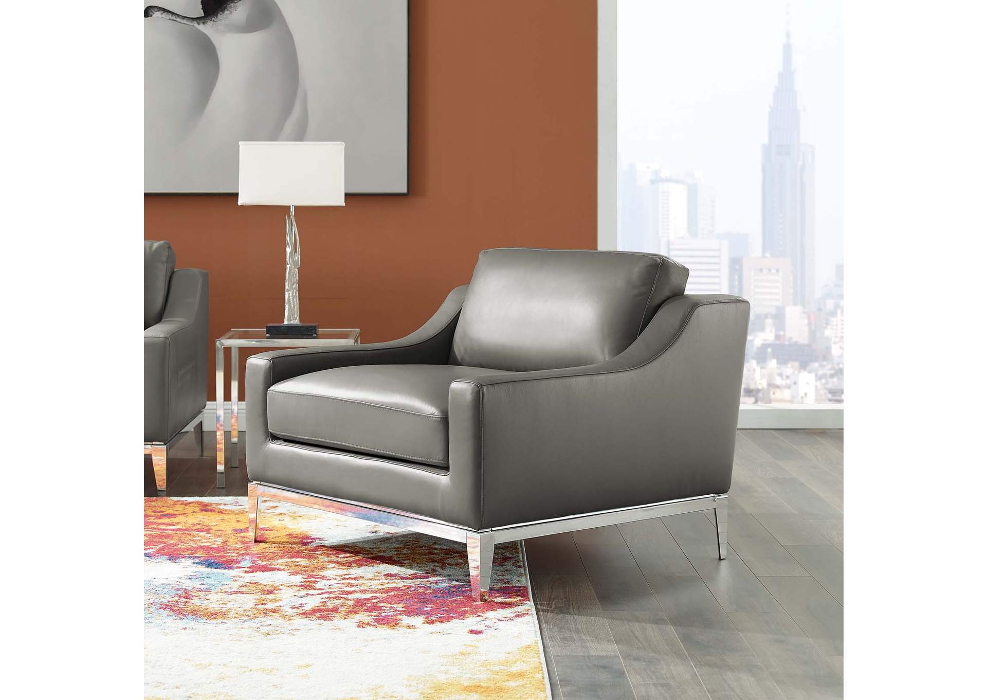 Gray Harness Stainless Steel Base Leather Arm Chair,Modway