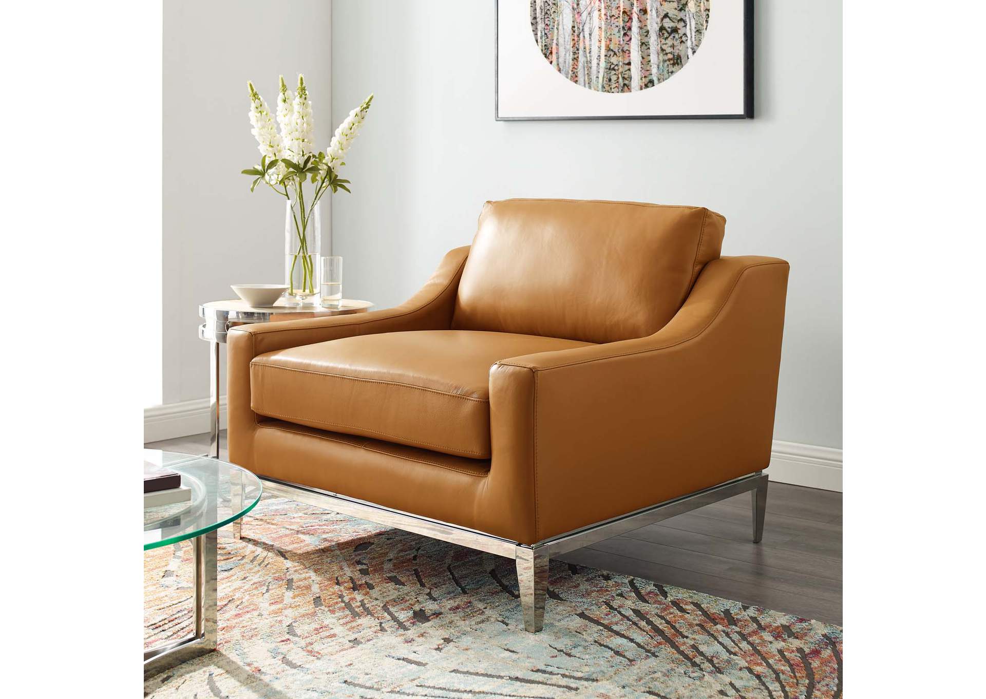 Tan Harness Stainless Steel Base Leather Arm Chair,Modway