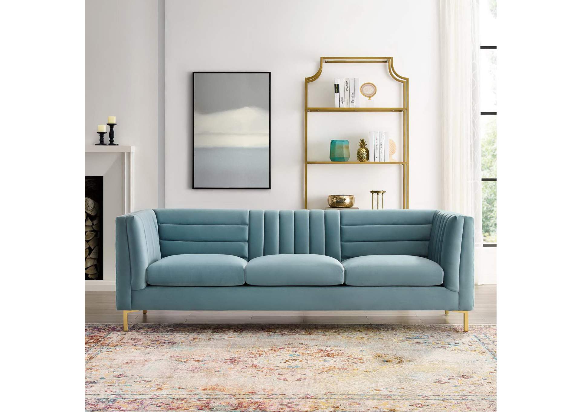 Light Blue Ingenuity Channel Tufted Performance Velvet Sofa,Modway