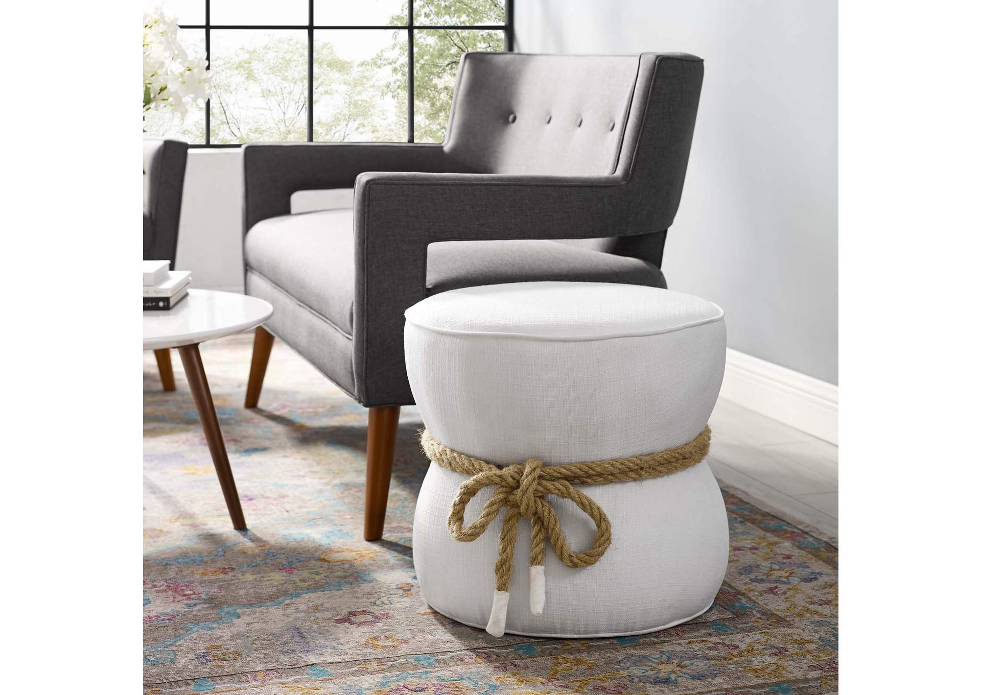 White Beat Nautical Rope Upholstered Fabric Ottoman,Modway