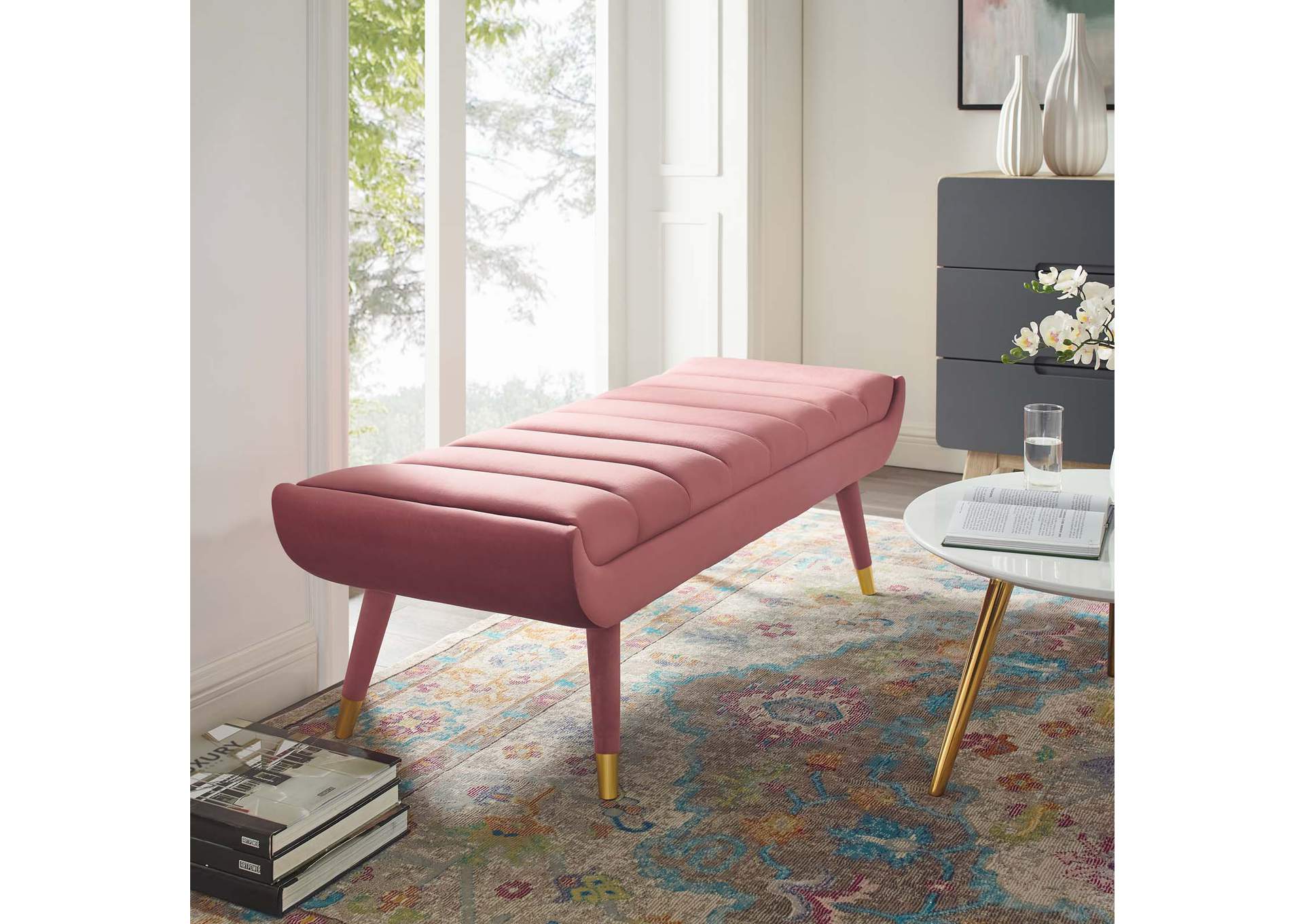 Dusty Rose Guess Channel Tufted Performance Velvet Accent Bench,Modway