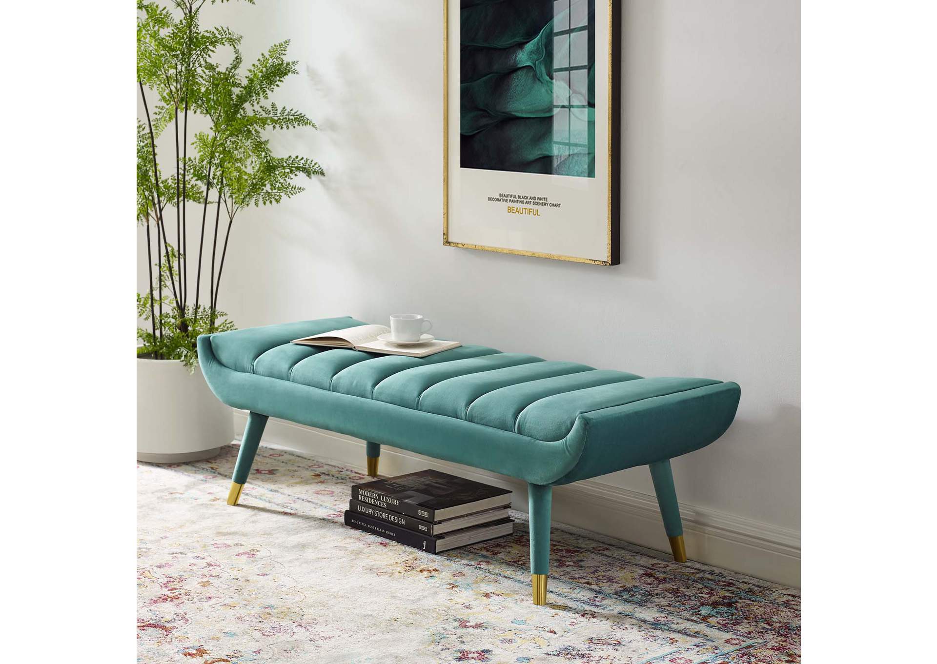 Teal Guess Channel Tufted Performance Velvet Accent Bench,Modway