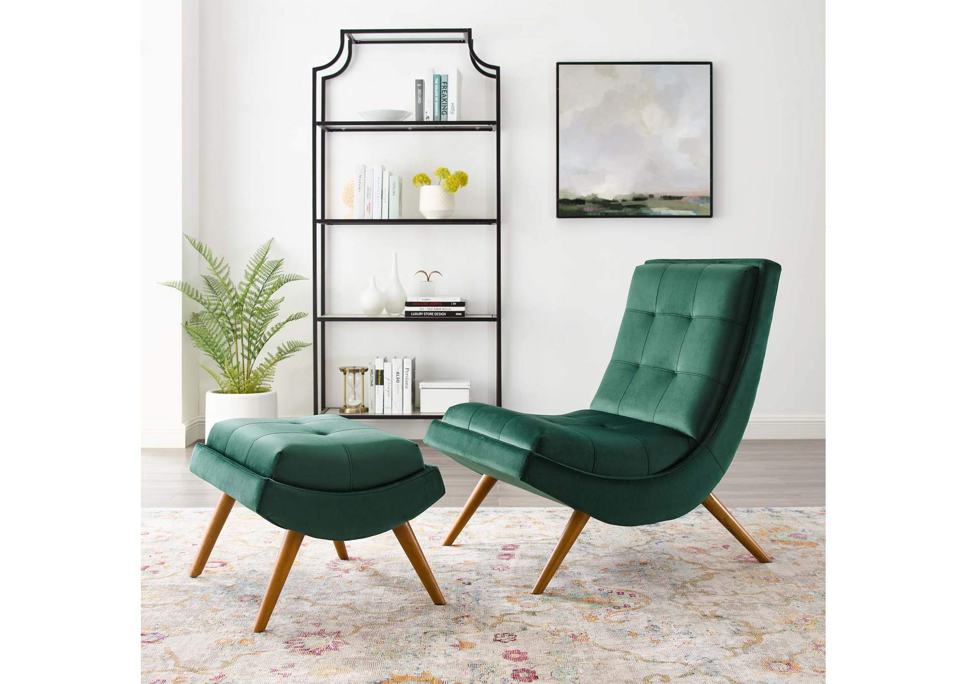 Green Ramp Upholstered Performance Velvet Lounge Chair and Ottoman Set,Modway