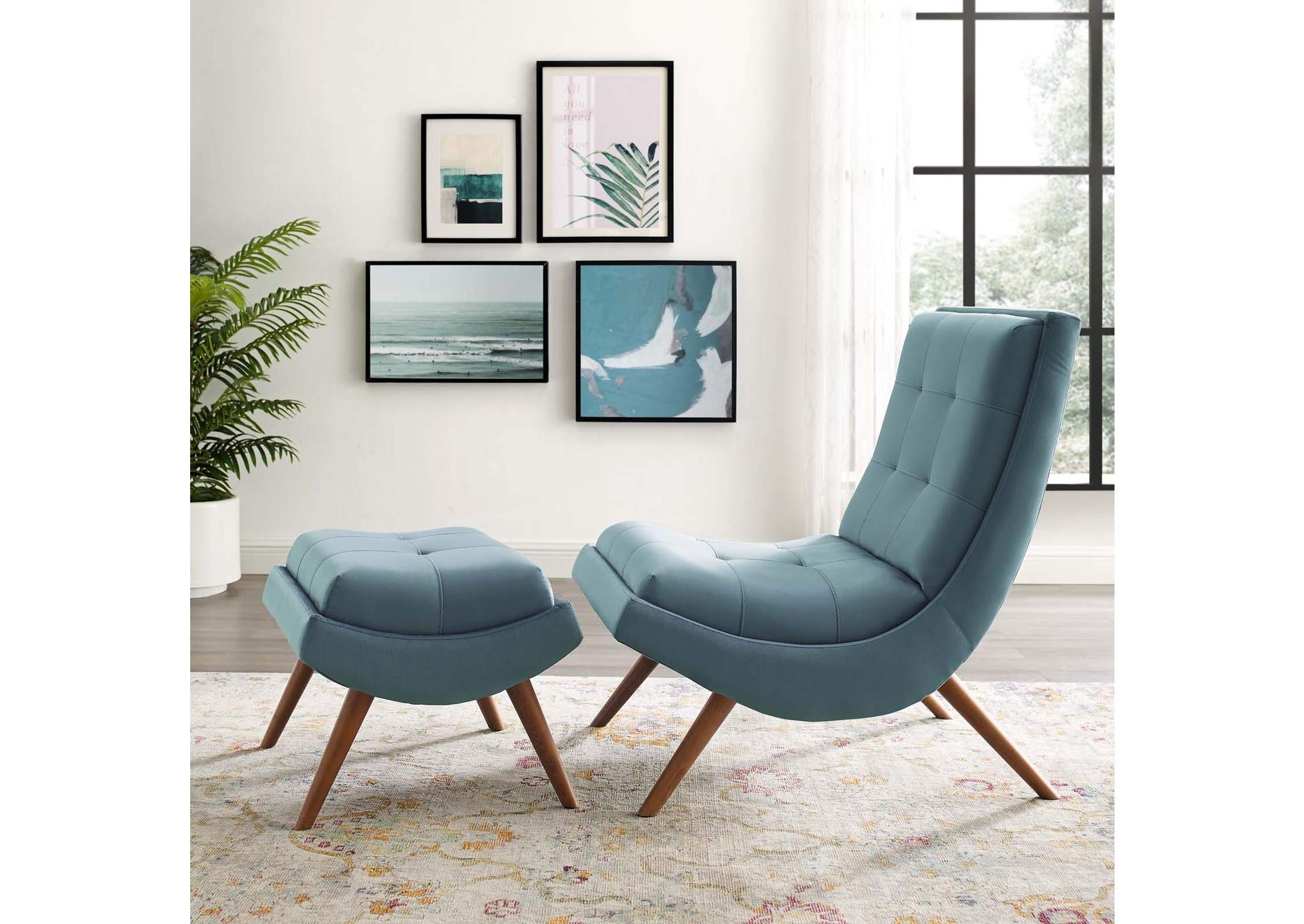Light Blue Ramp Upholstered Performance Velvet Lounge Chair and Ottoman Set,Modway