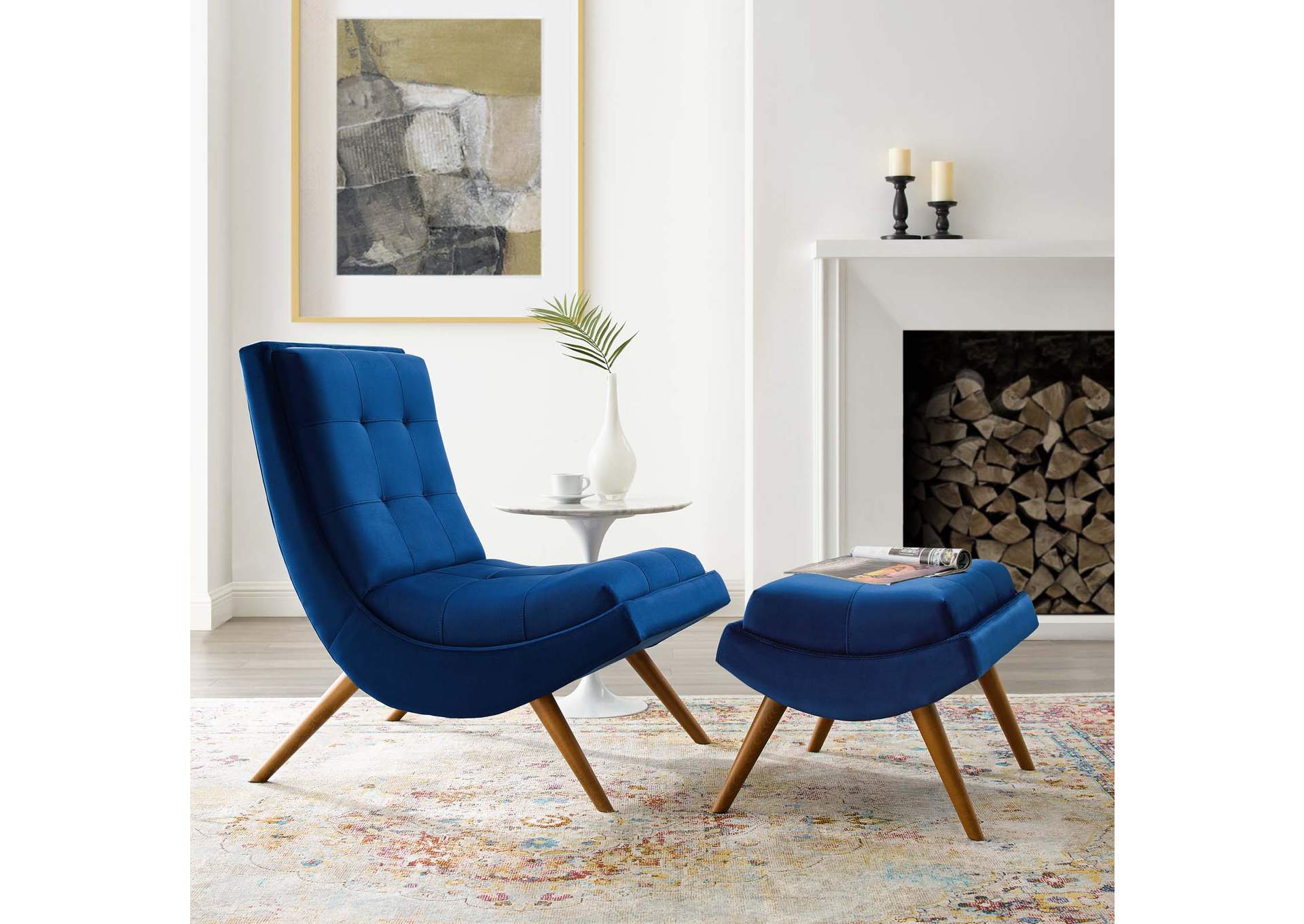 Navy Ramp Upholstered Performance Velvet Lounge Chair and Ottoman Set,Modway