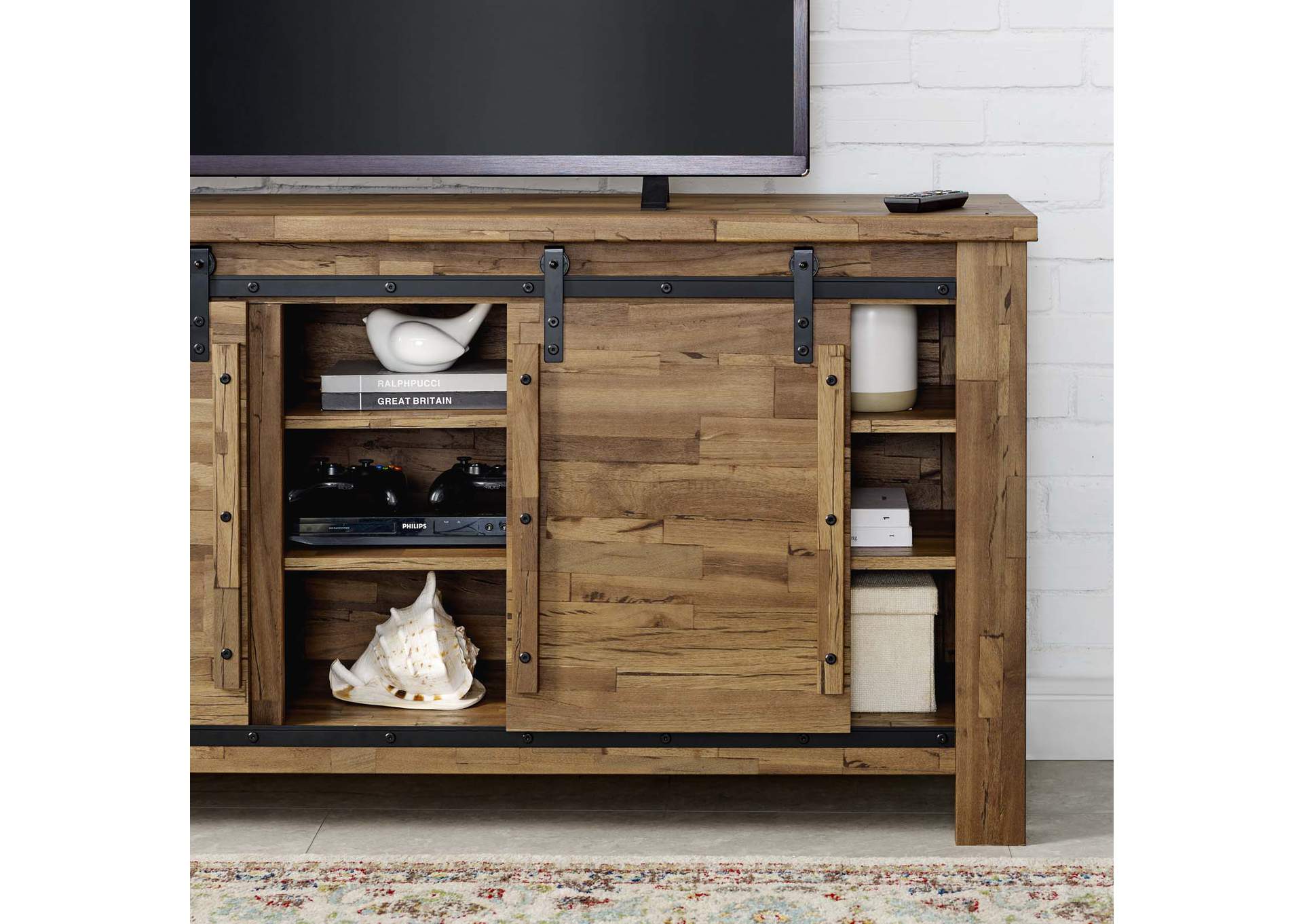 Walnut Cheshire 71" Rustic Sliding Door TV Stand,Modway