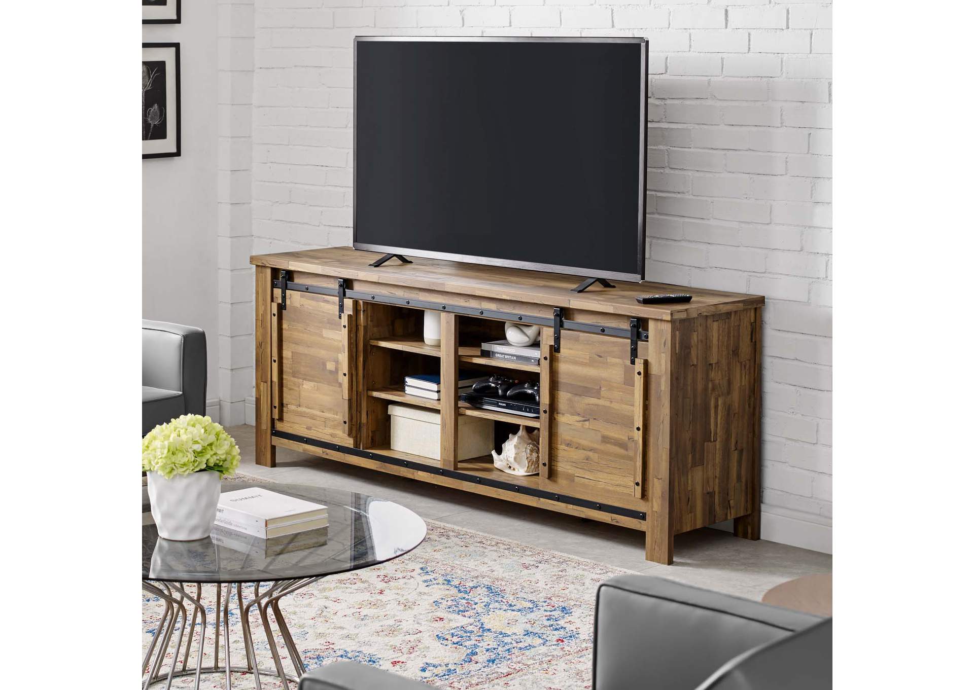 Walnut Cheshire 71" Rustic Sliding Door TV Stand,Modway