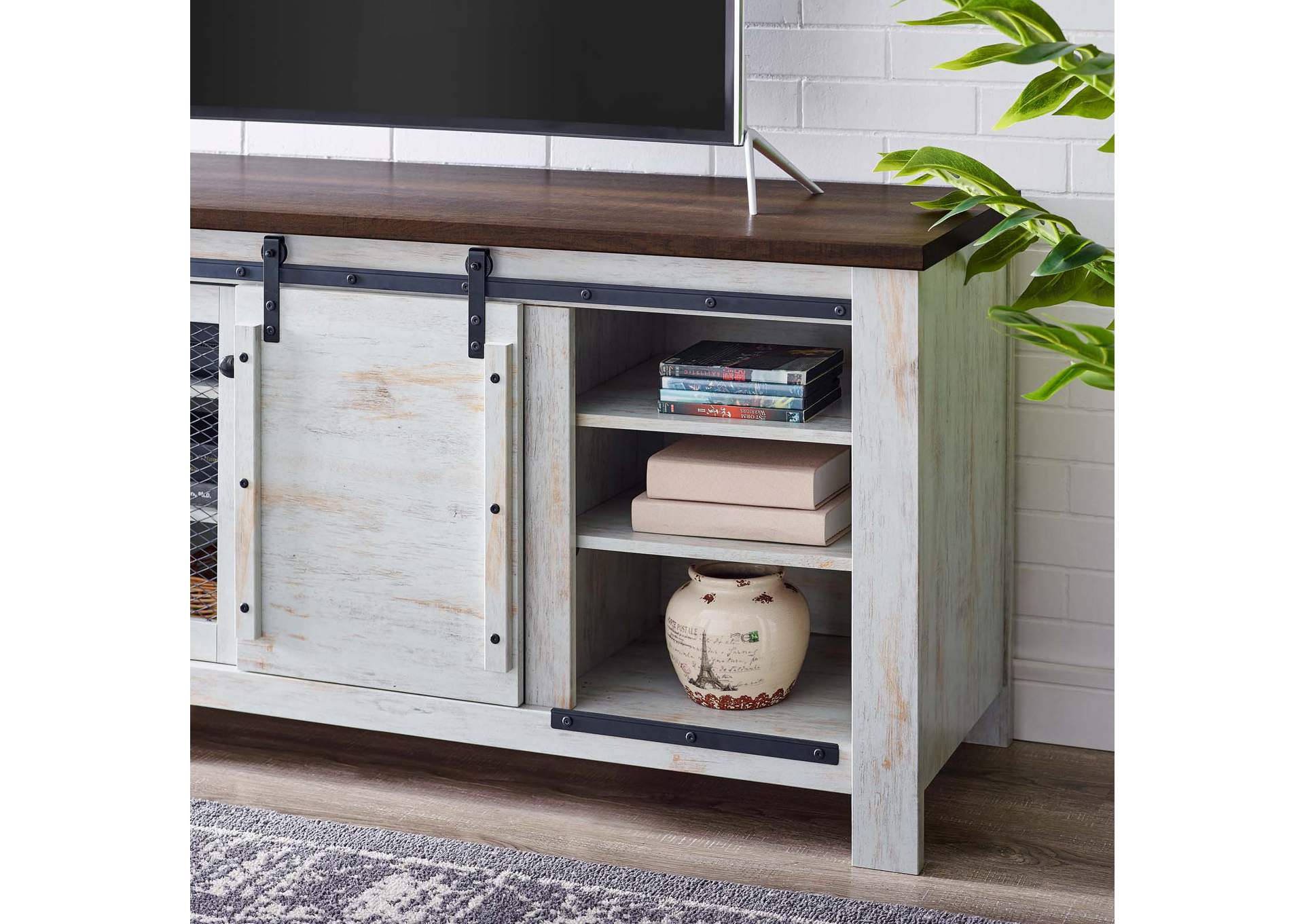 White Bennington 71" Rustic Sliding Door TV Stand,Modway