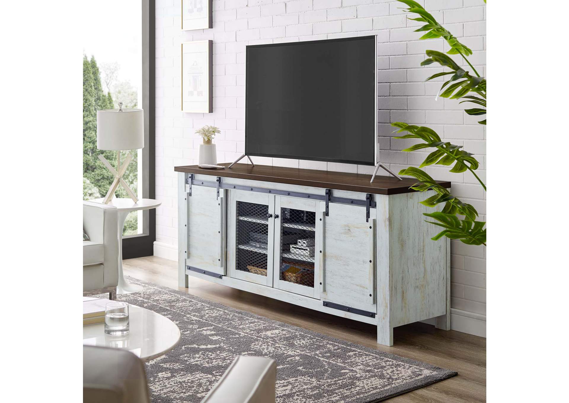 White Bennington 71" Rustic Sliding Door TV Stand,Modway