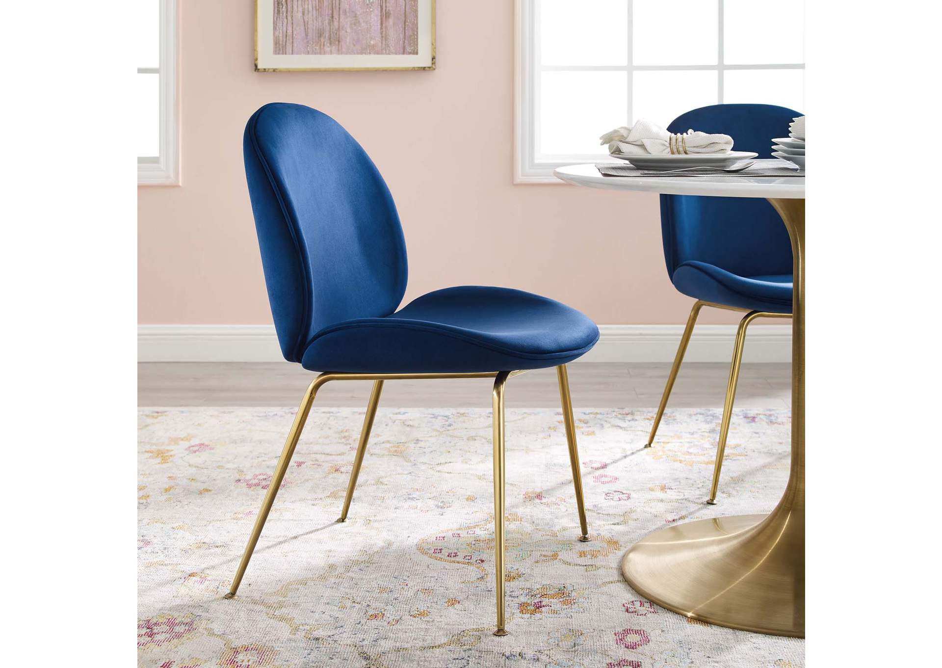 Navy Scoop Gold Stainless Steel Leg Performance Velvet Dining Chair,Modway