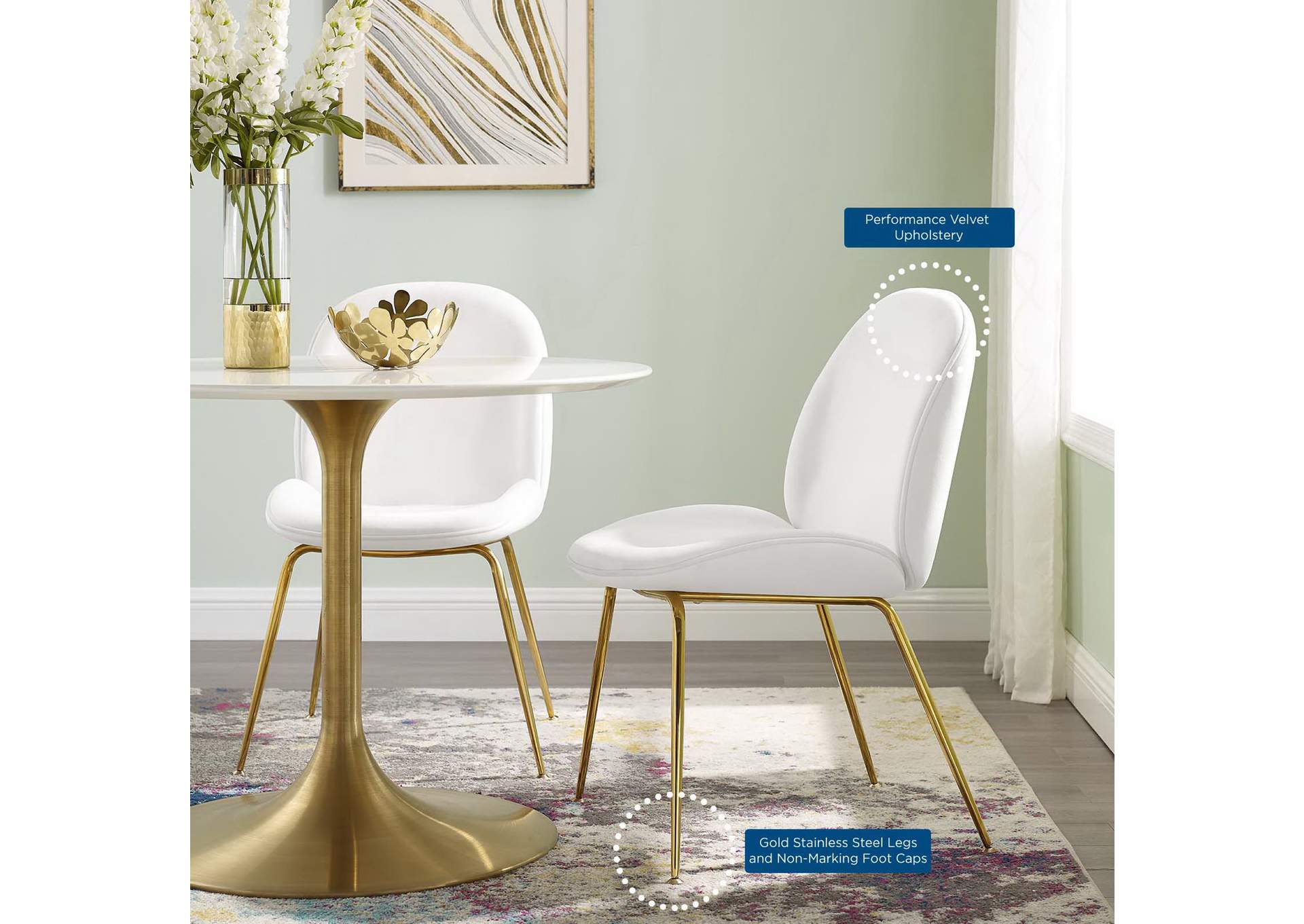 White Scoop Gold Stainless Steel Leg Performance Velvet Dining Chair,Modway