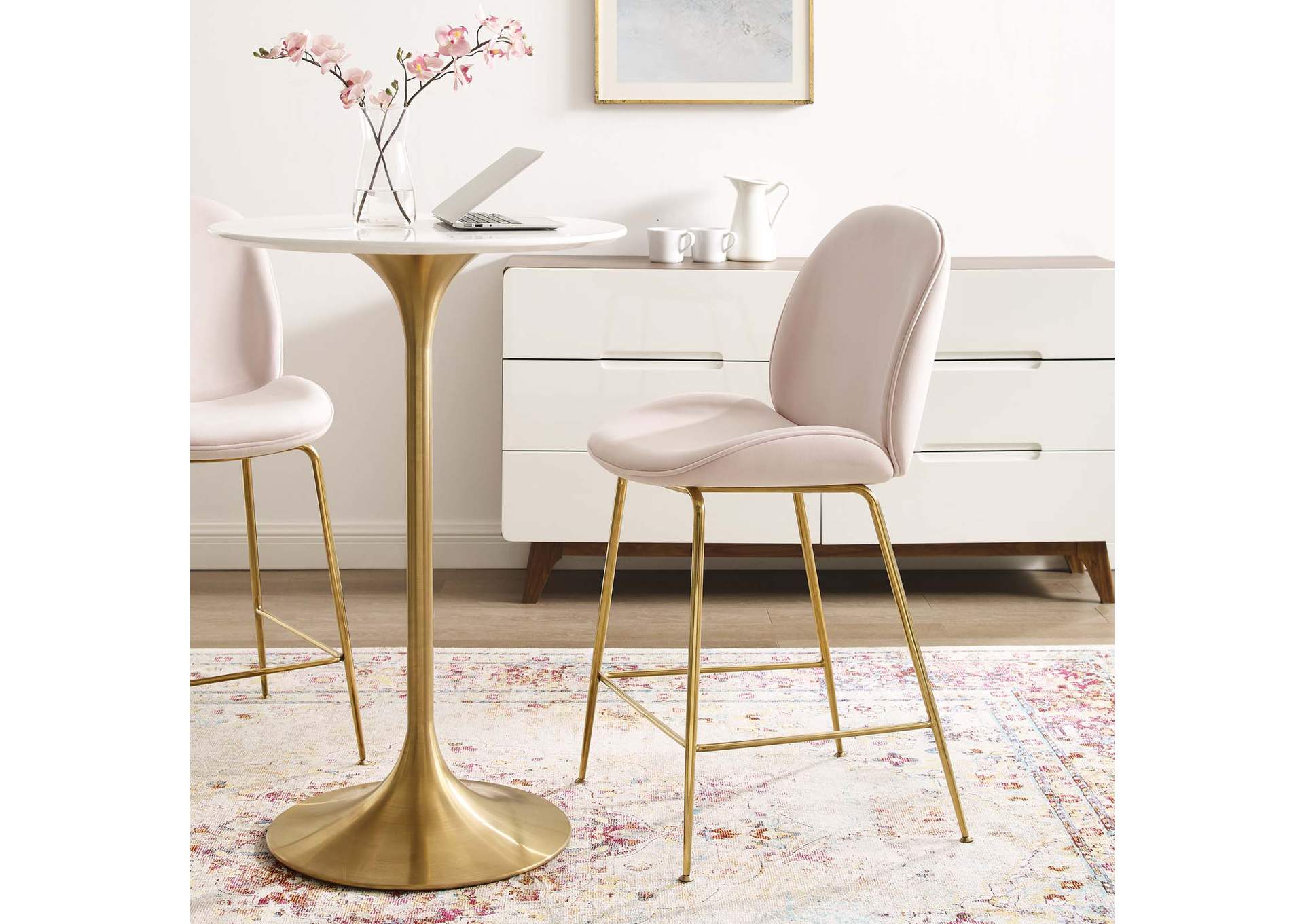 Pink Scoop Gold Stainless Steel Leg Performance Velvet Counter Stool,Modway