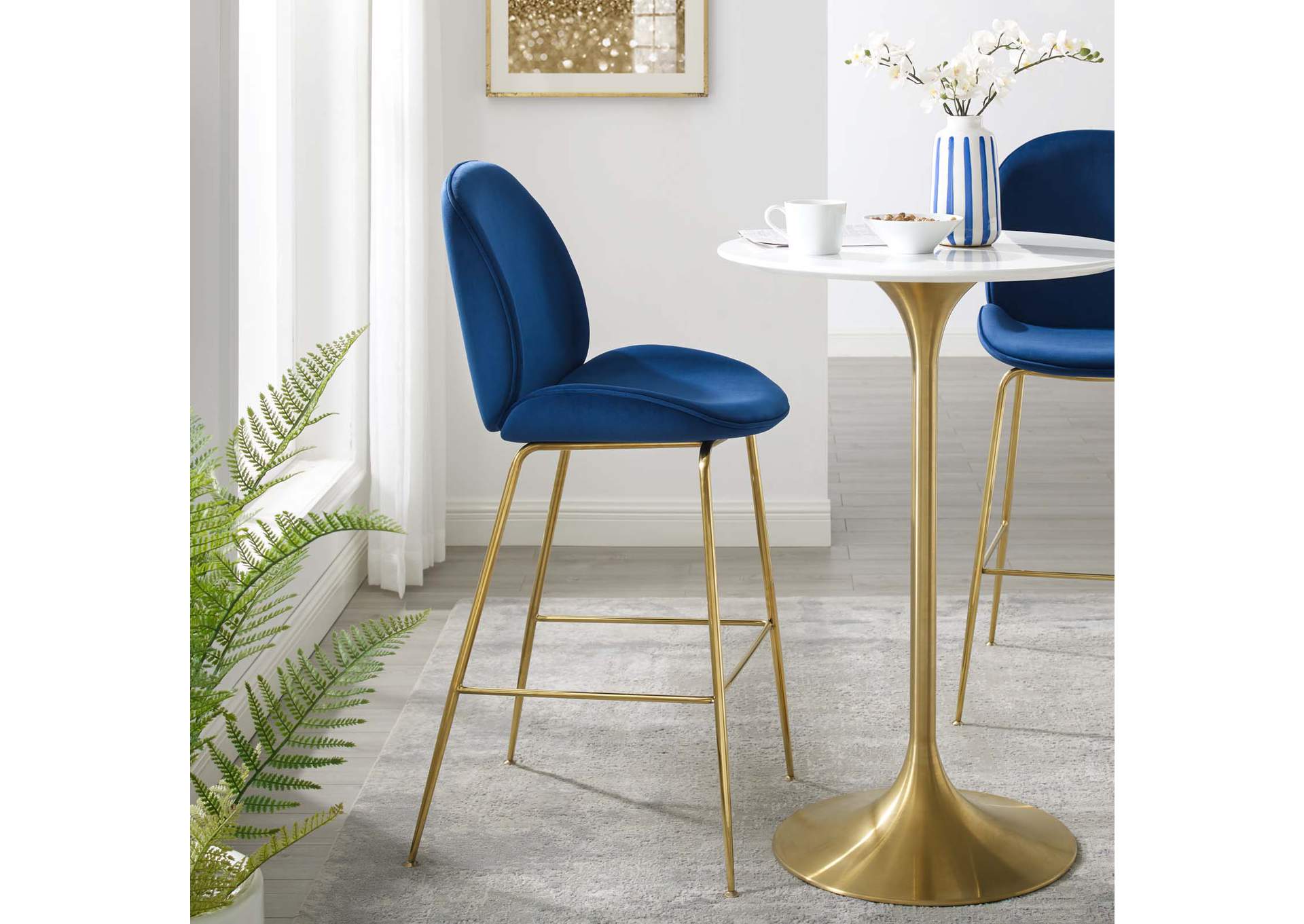 Navy Scoop Gold Stainless Steel Leg Performance Velvet Bar Stool,Modway