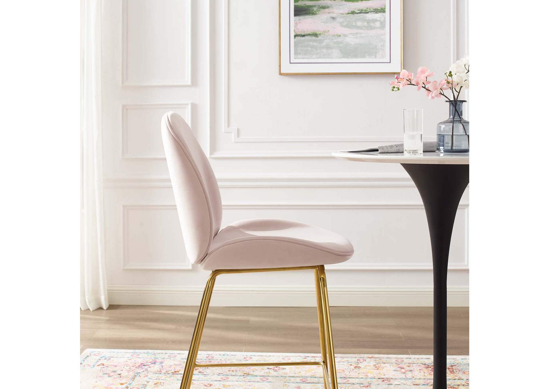 Pink Scoop Gold Stainless Steel Leg Performance Velvet Bar Stool,Modway