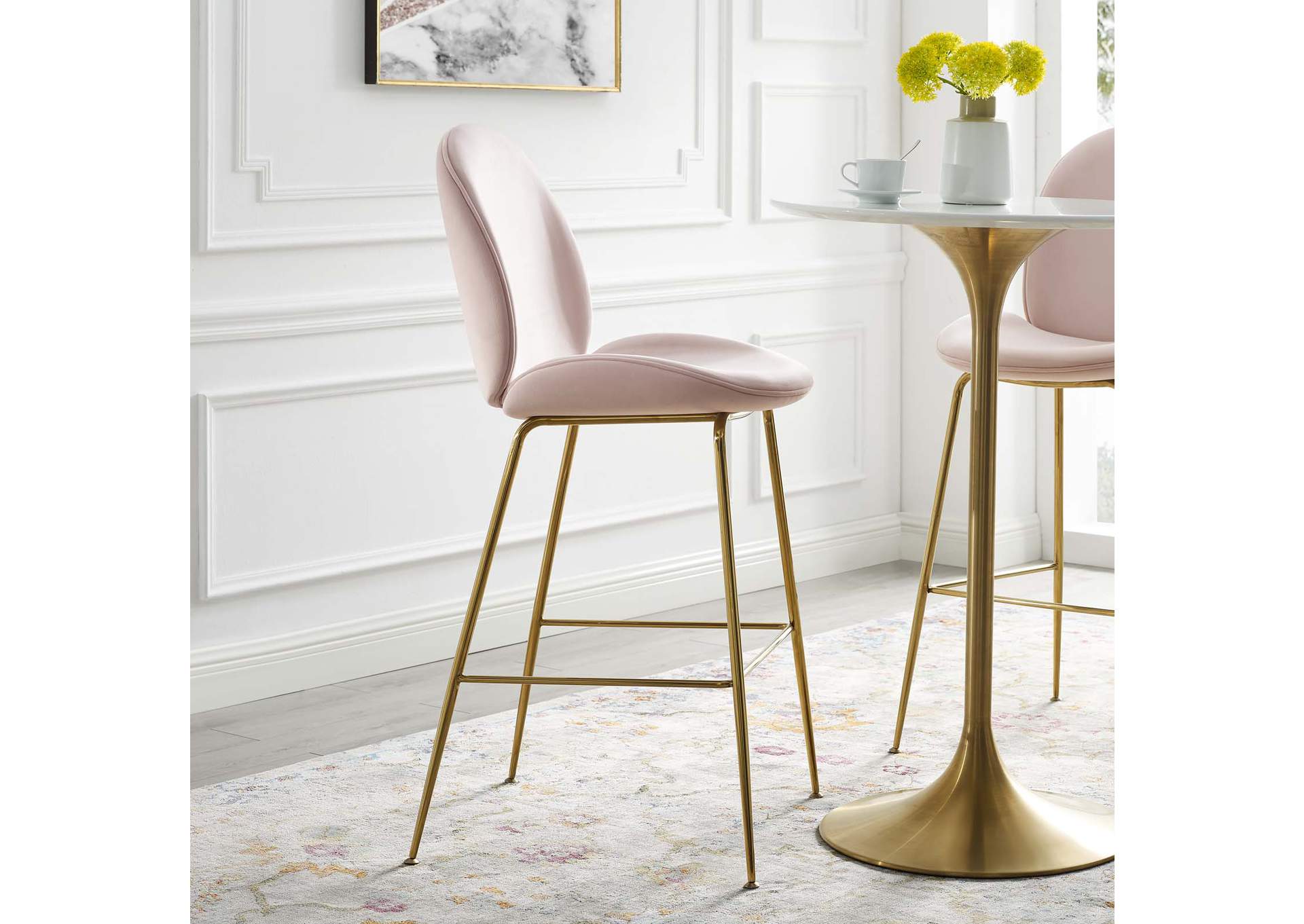 Pink Scoop Gold Stainless Steel Leg Performance Velvet Bar Stool,Modway
