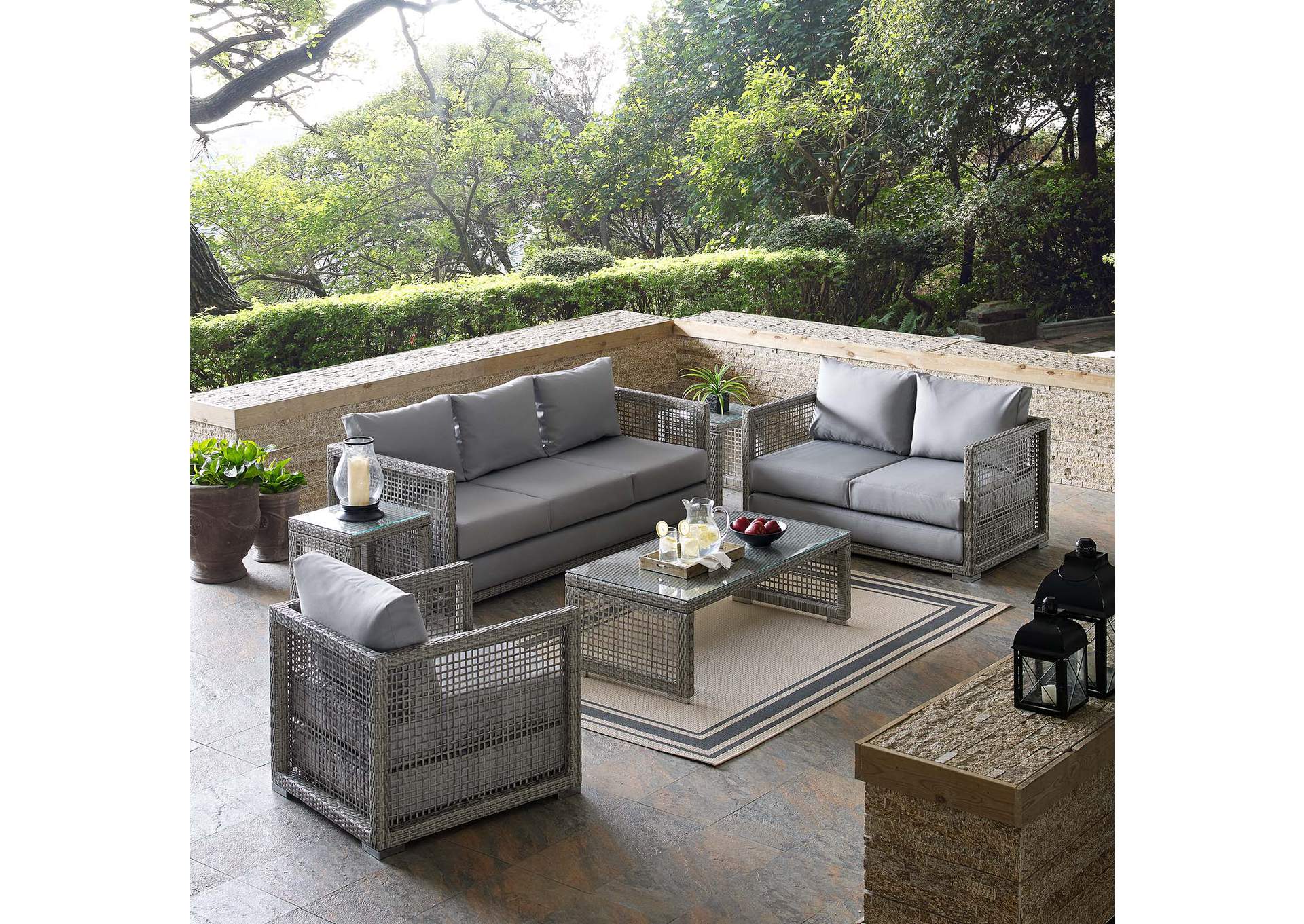 Gray Gray Aura 6 Piece Outdoor Patio Wicker Rattan Set,Modway