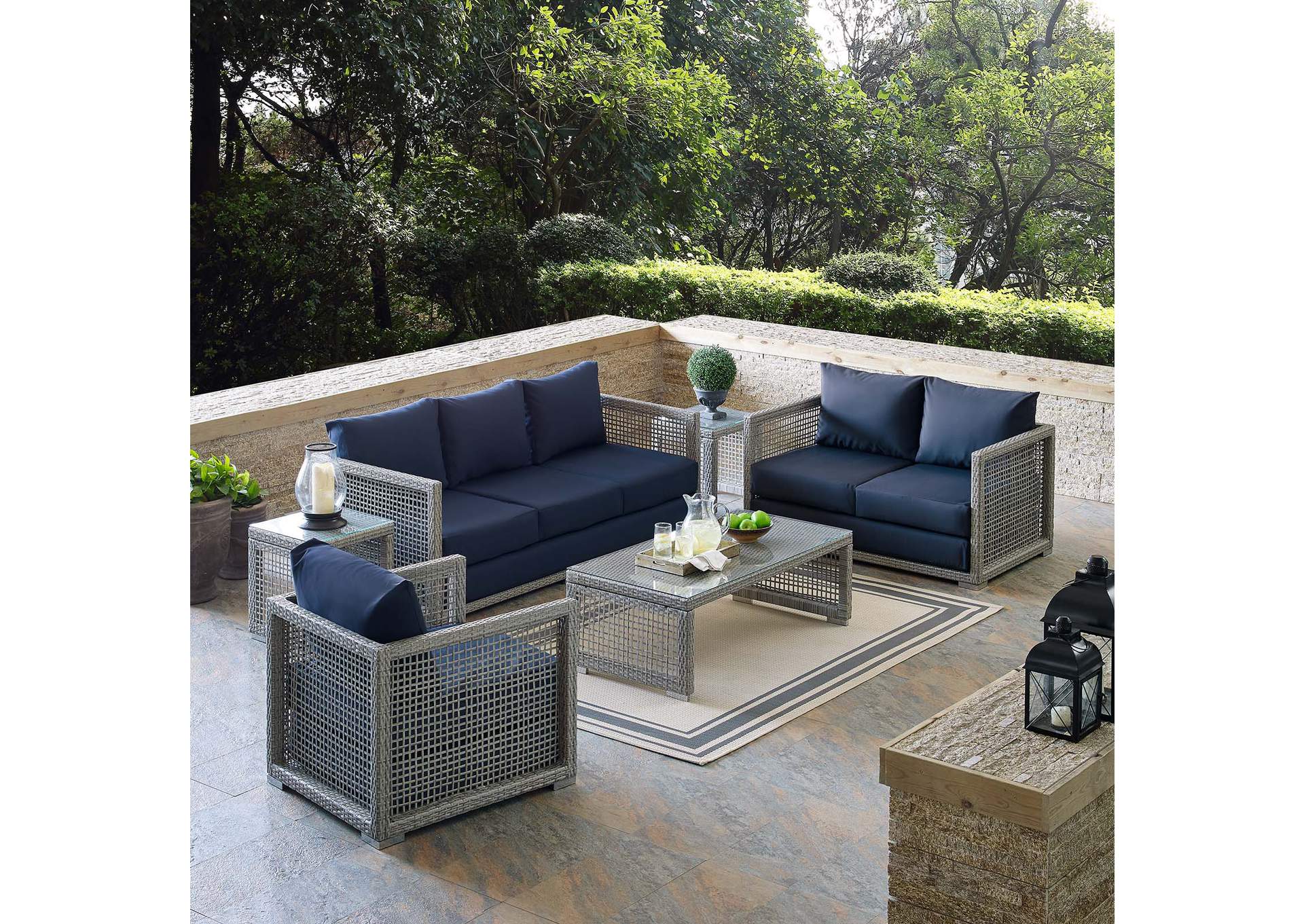 Gray Navy Aura 6 Piece Outdoor Patio Wicker Rattan Set,Modway