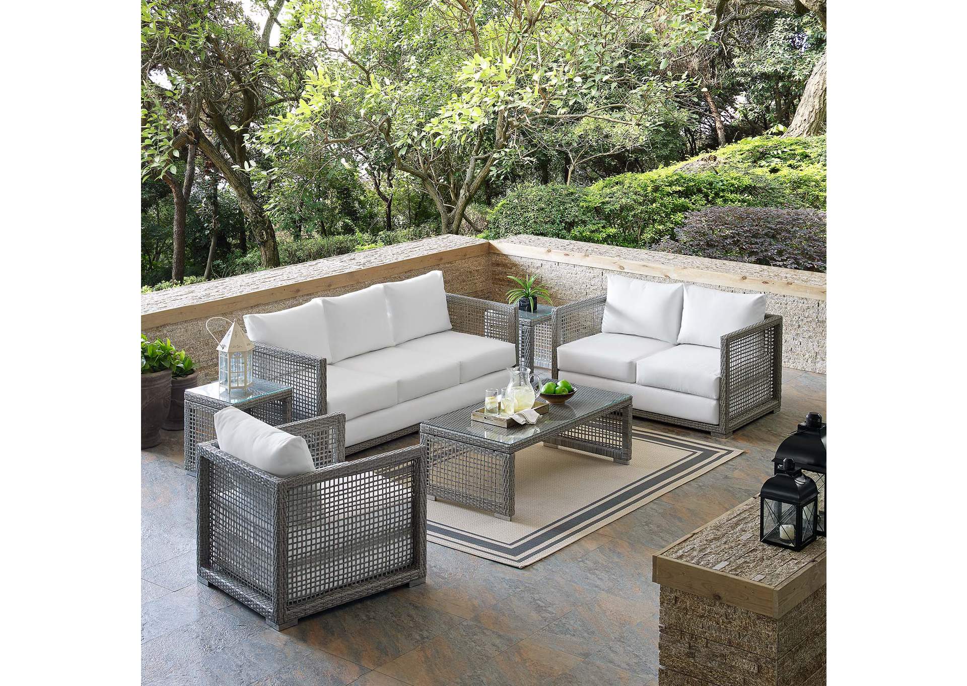 Gray White Aura 6 Piece Outdoor Patio Wicker Rattan Set,Modway