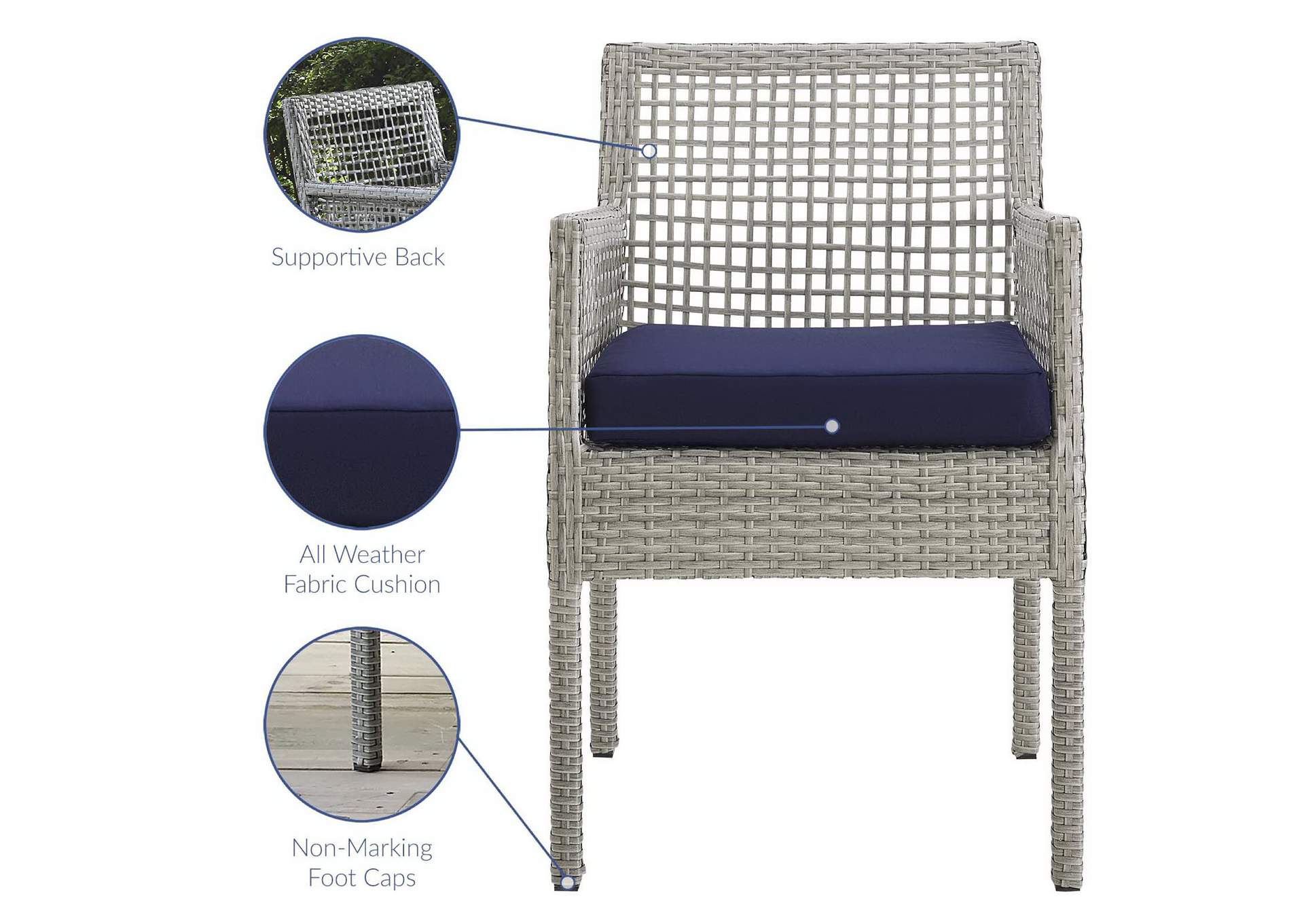 Gray Navy Aura Arm Dining Chair Outdoor Patio Wicker Rattan [Set of 2],Modway