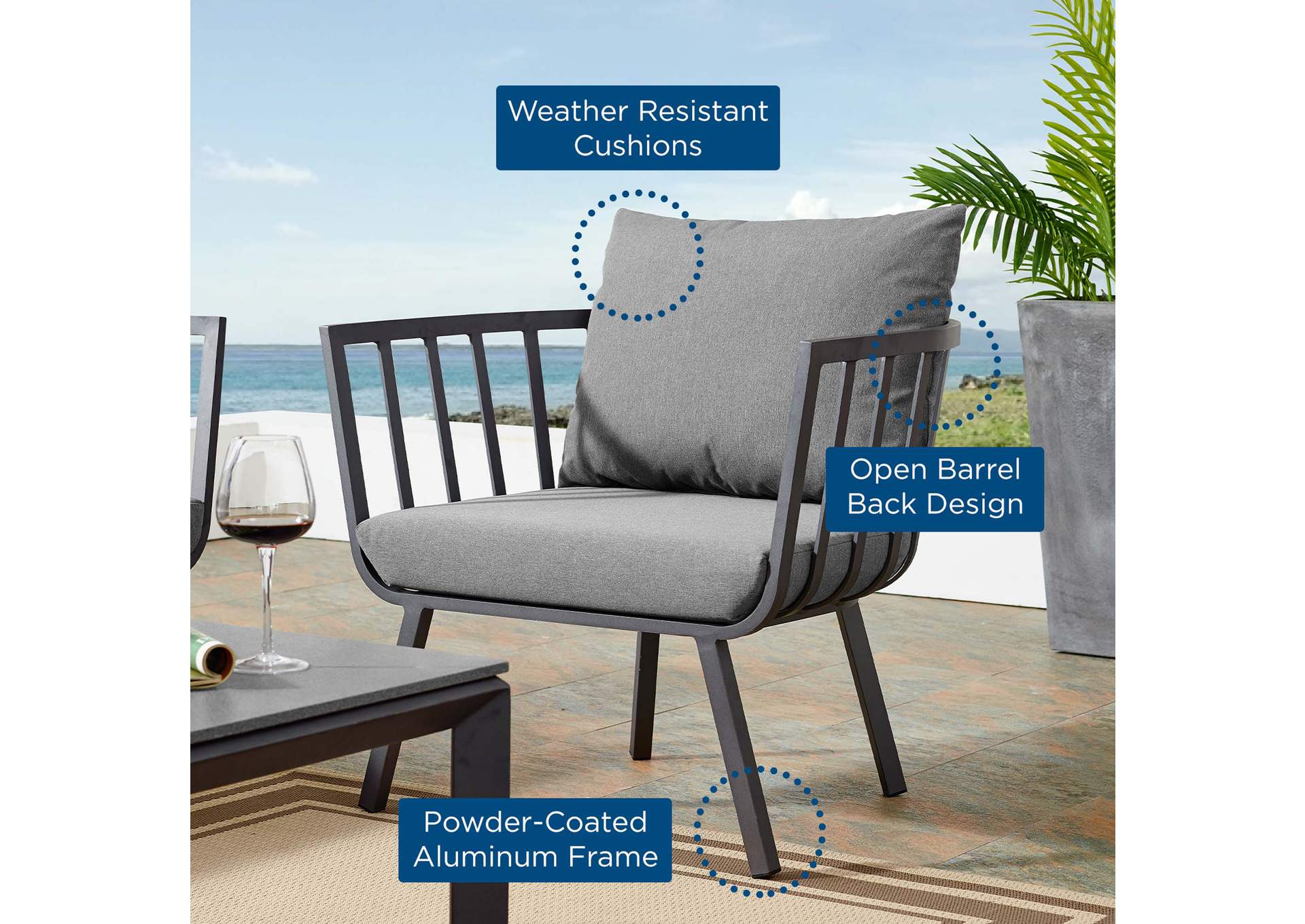 Gray Charcoal Riverside Outdoor Patio Aluminum Armchair,Modway