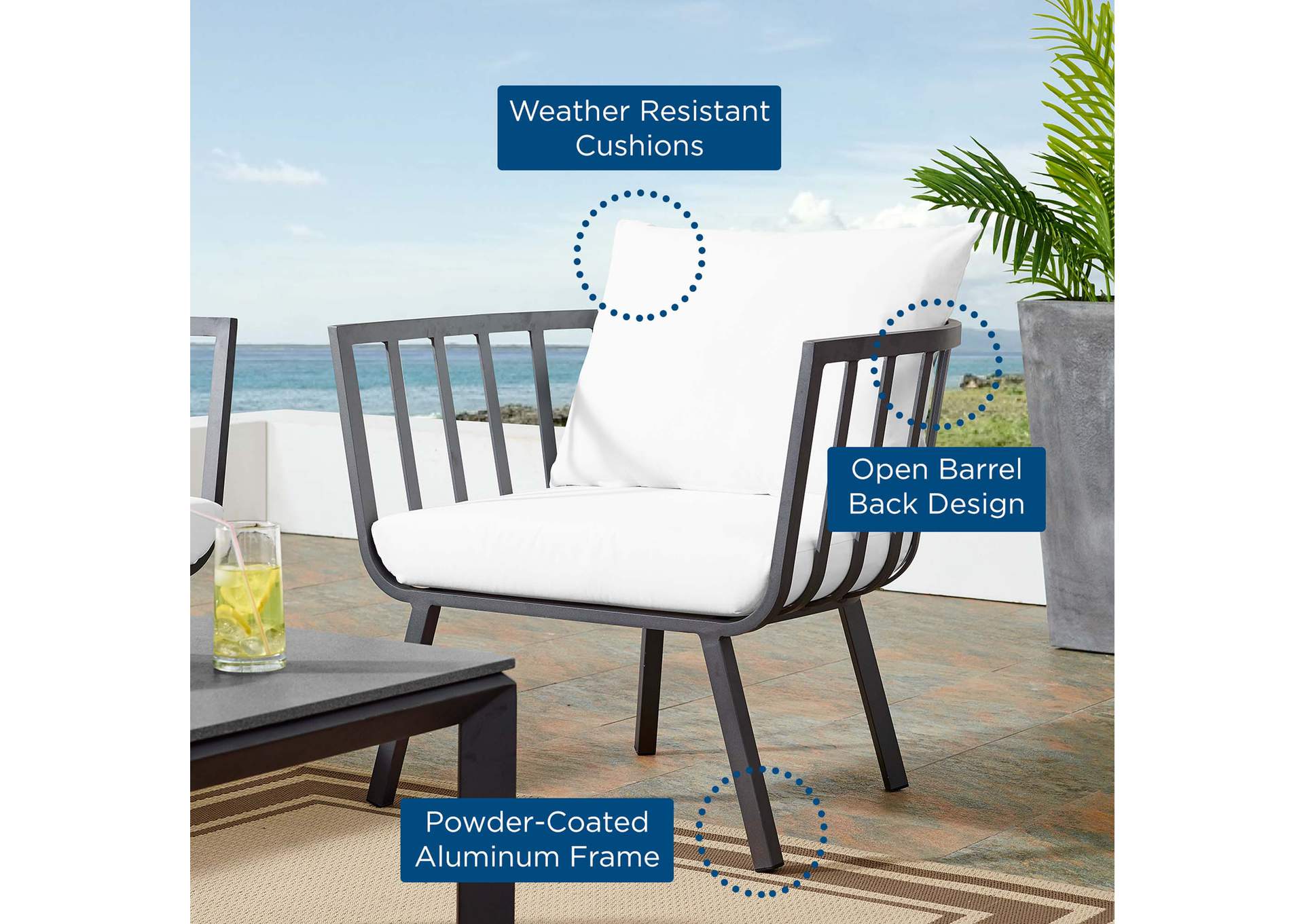 Gray White Riverside Outdoor Patio Aluminum Armchair,Modway