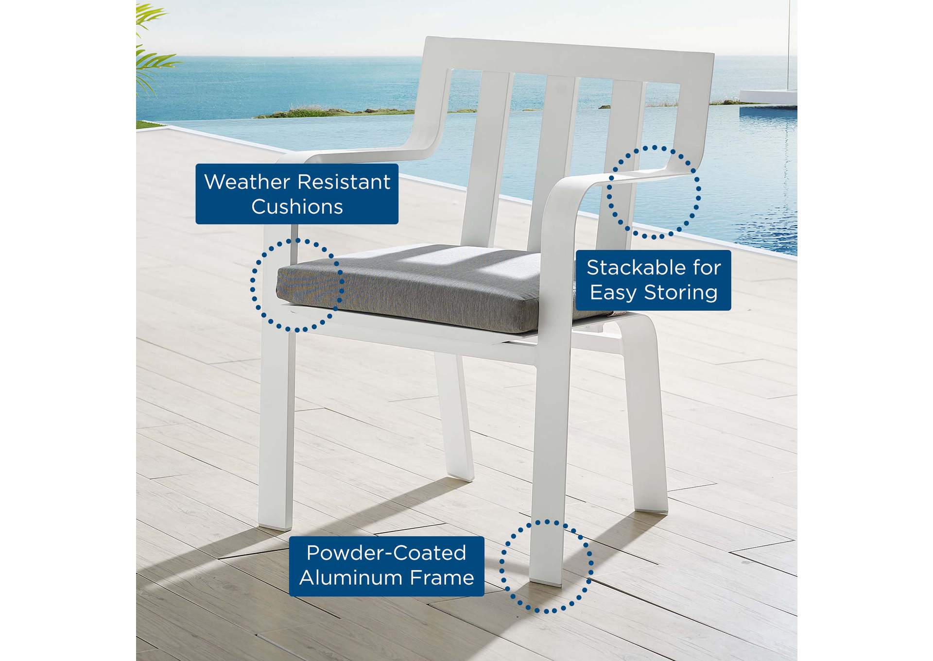 White Gray Baxley Stackable Outdoor Patio Aluminum Arm Dining Chair,Modway
