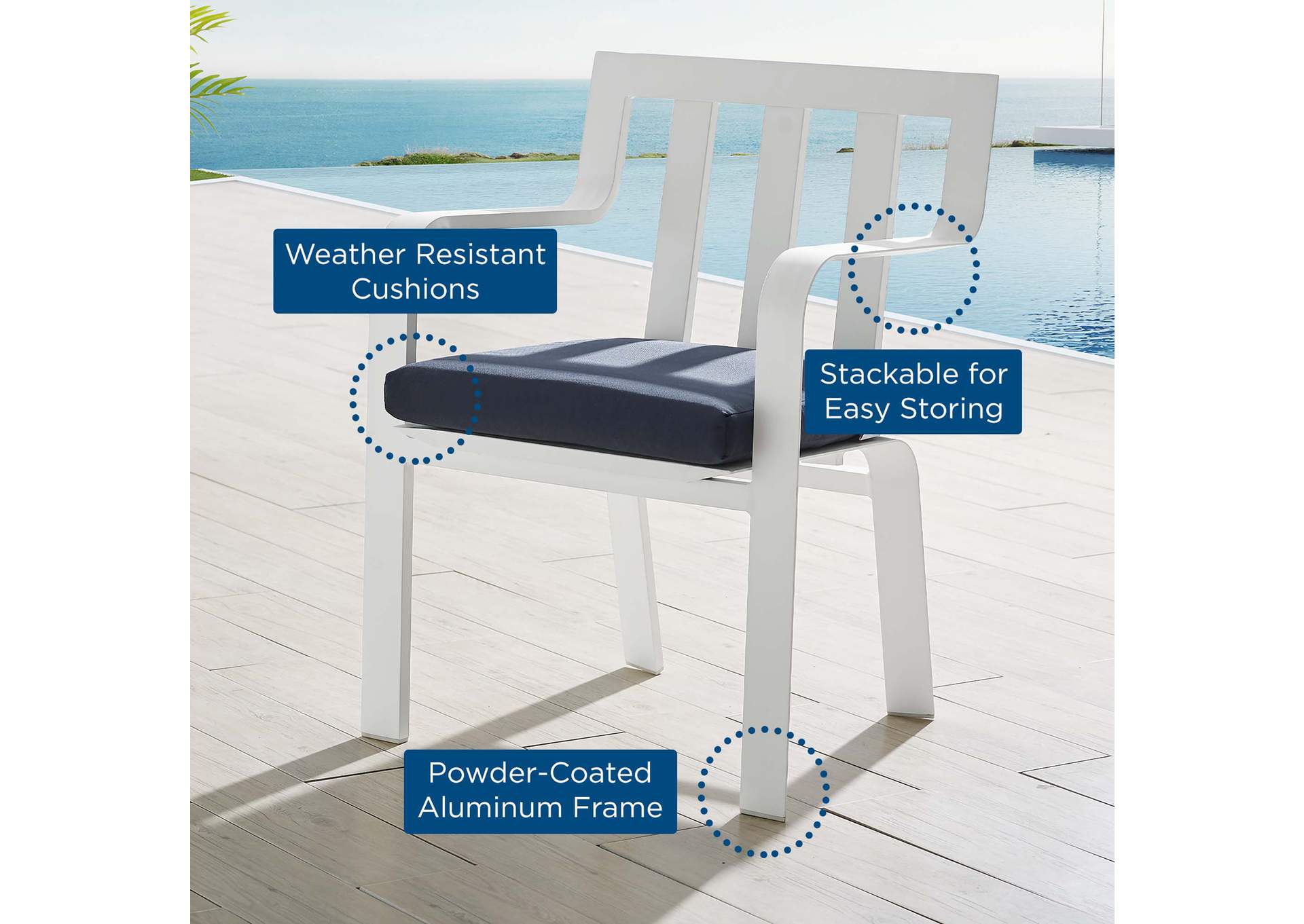 White Navy Baxley Stackable Outdoor Patio Aluminum Arm Dining Chair,Modway