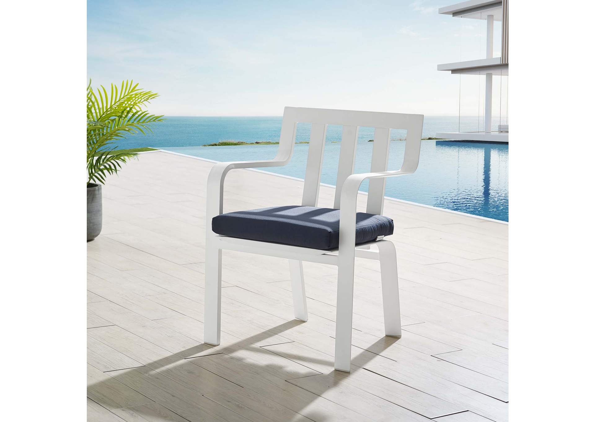 White Navy Baxley Stackable Outdoor Patio Aluminum Arm Dining Chair,Modway