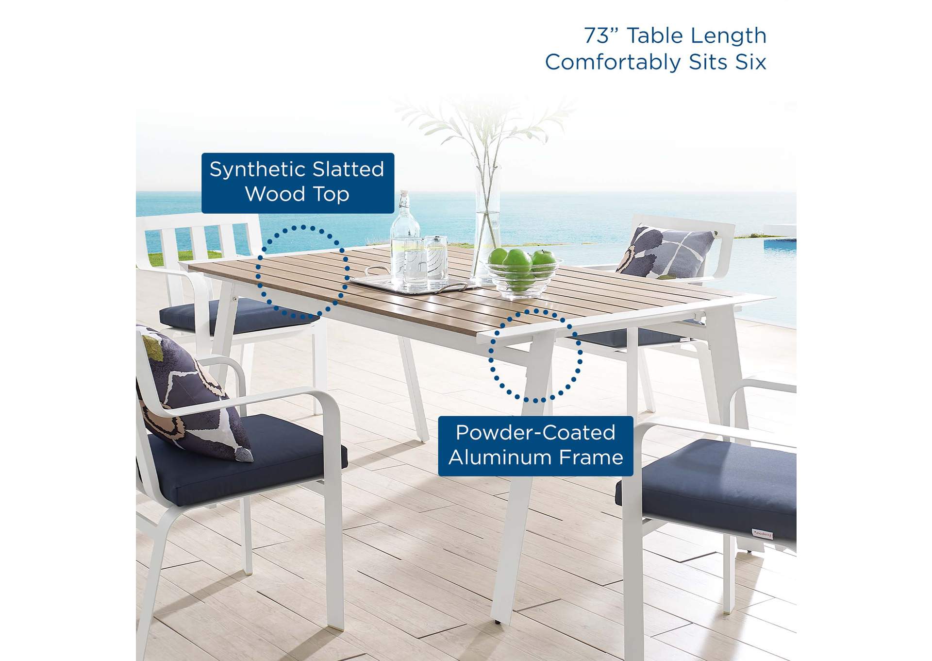 White Natural Roanoke 73" Outdoor Patio Aluminum Dining Table,Modway