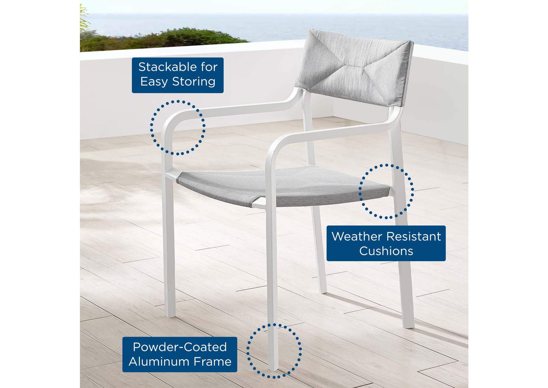 White Gray Raleigh Stackable Outdoor Patio Aluminum Arm Dining Chair,Modway