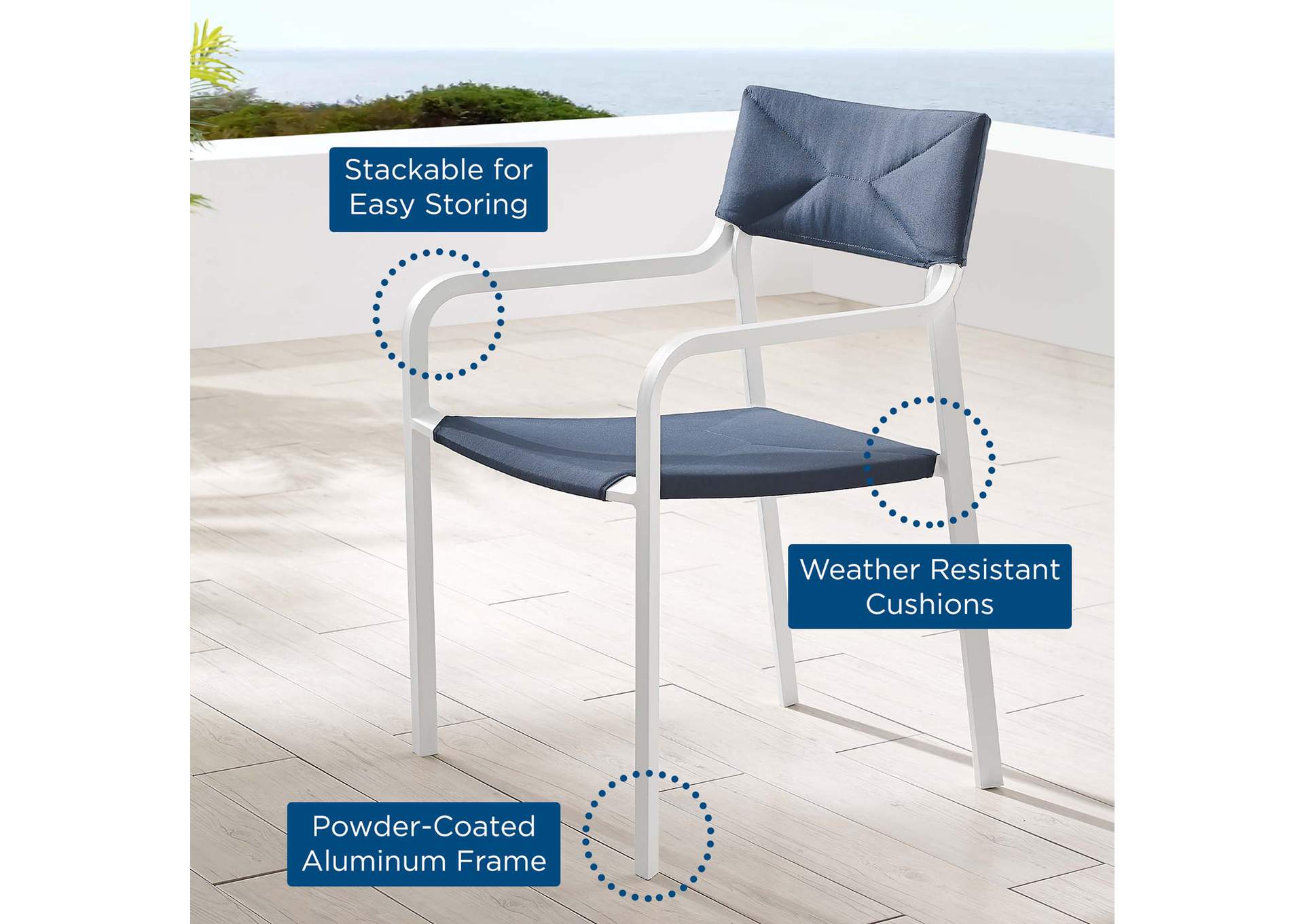 White Navy Raleigh Stackable Outdoor Patio Aluminum Arm Dining Chair,Modway