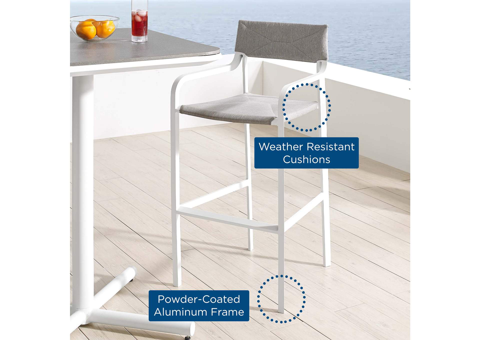 White Gray Raleigh Stackable Outdoor Patio Aluminum Bar Stool,Modway