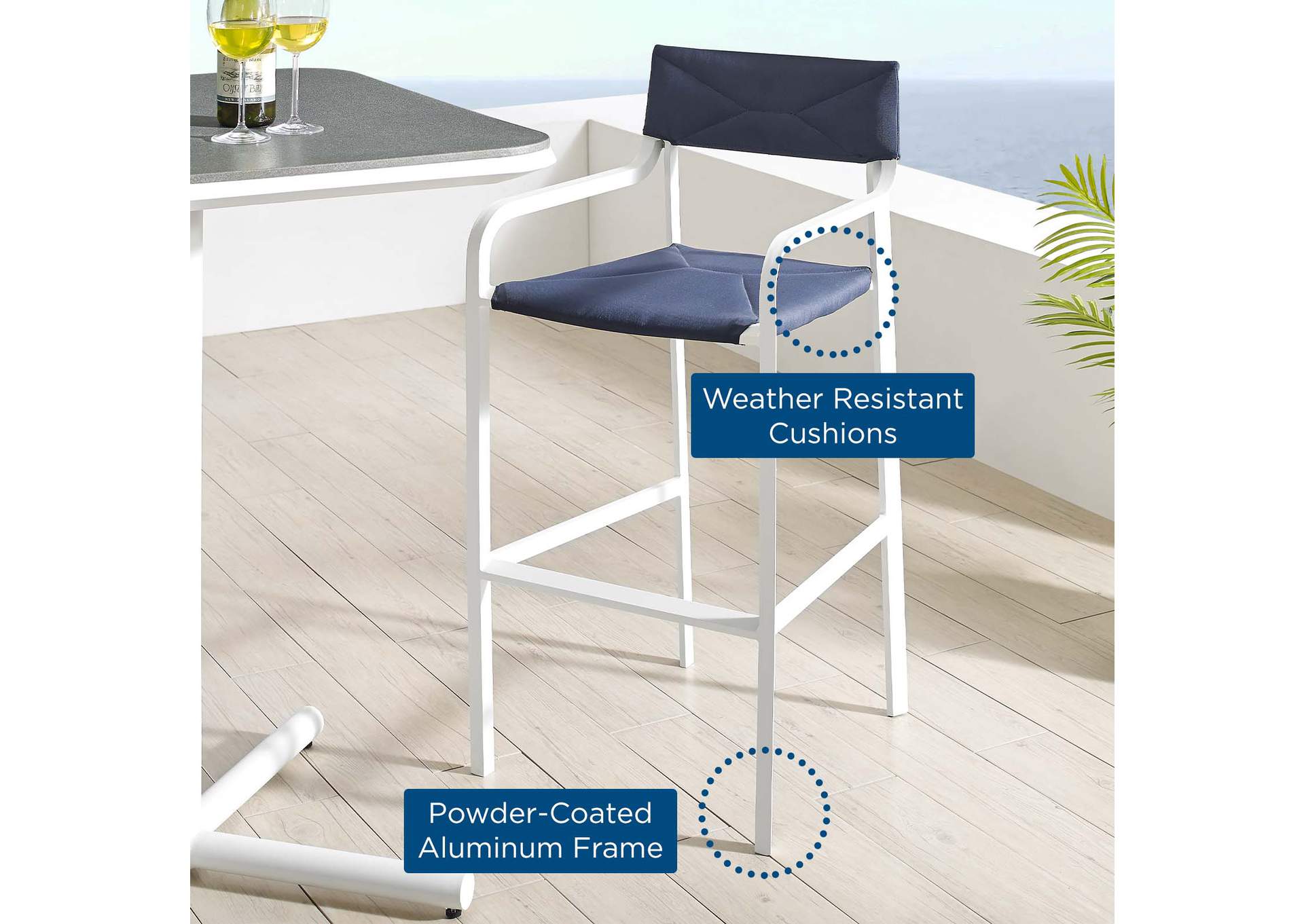 White Navy Raleigh Stackable Outdoor Patio Aluminum Bar Stool,Modway