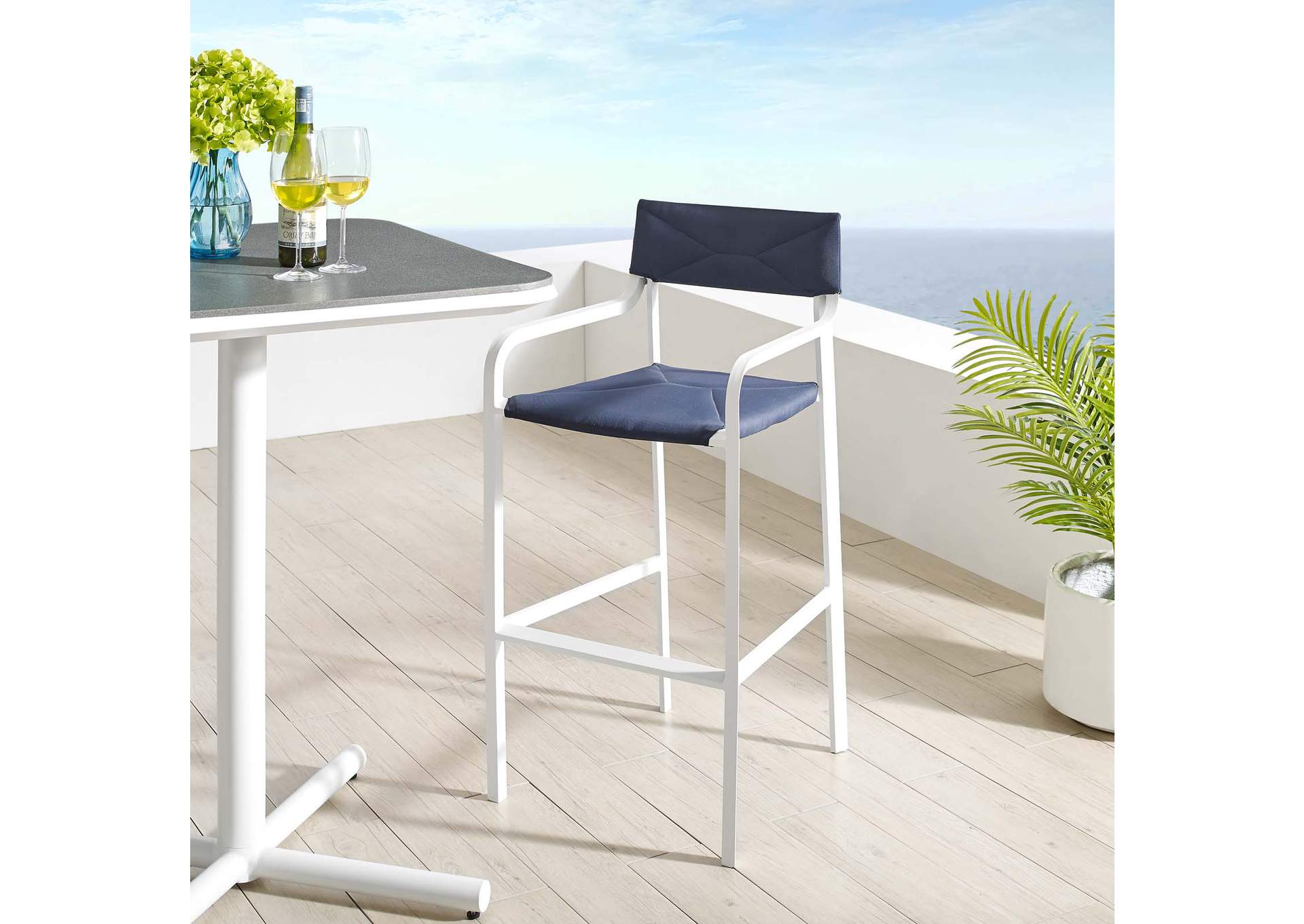 White Navy Raleigh Stackable Outdoor Patio Aluminum Bar Stool,Modway