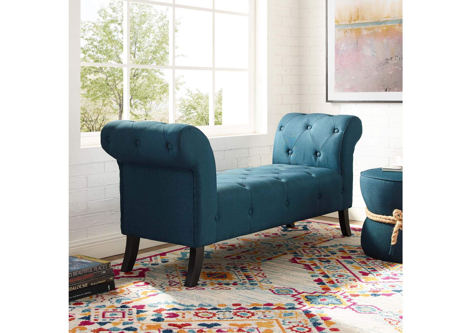 Blue Evince Button Tufted Accent Upholstered Fabric Bench,Modway