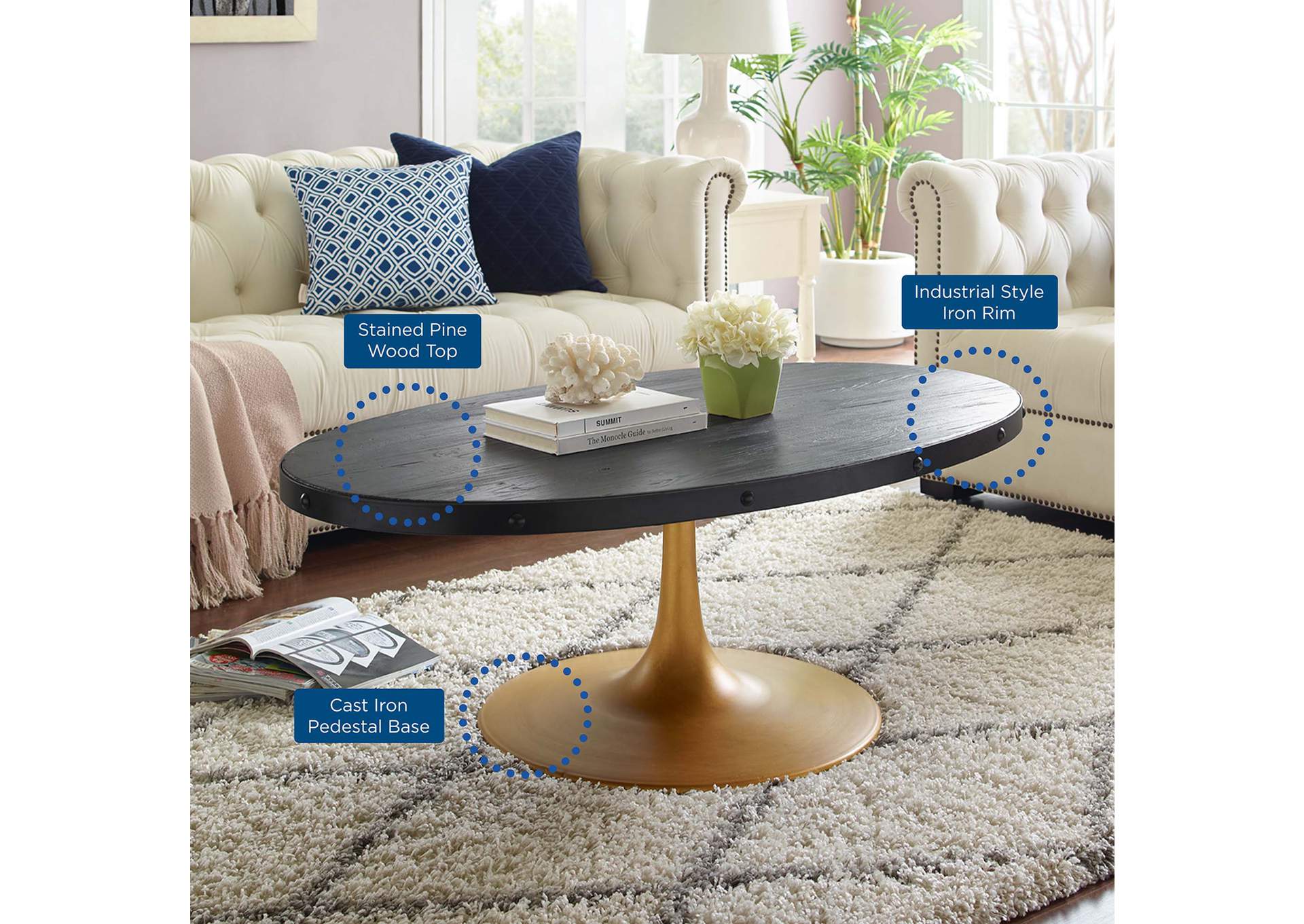Black Gold Drive Wood Top Coffee Table,Modway