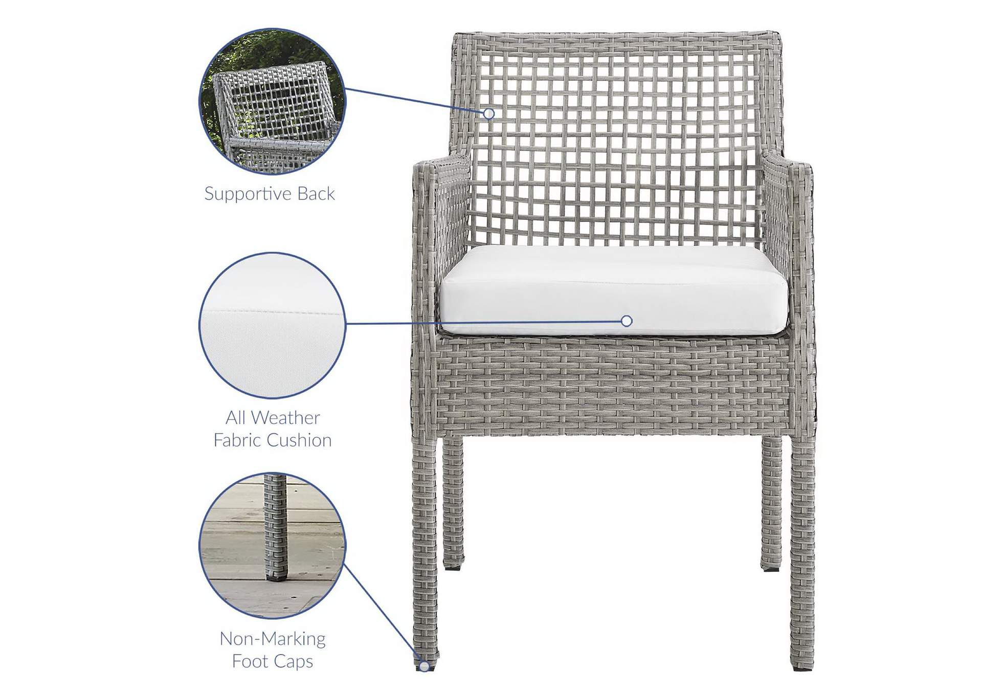 Gray White Aura Arm Dining Chair Outdoor Patio Wicker Rattan [Set of 4],Modway