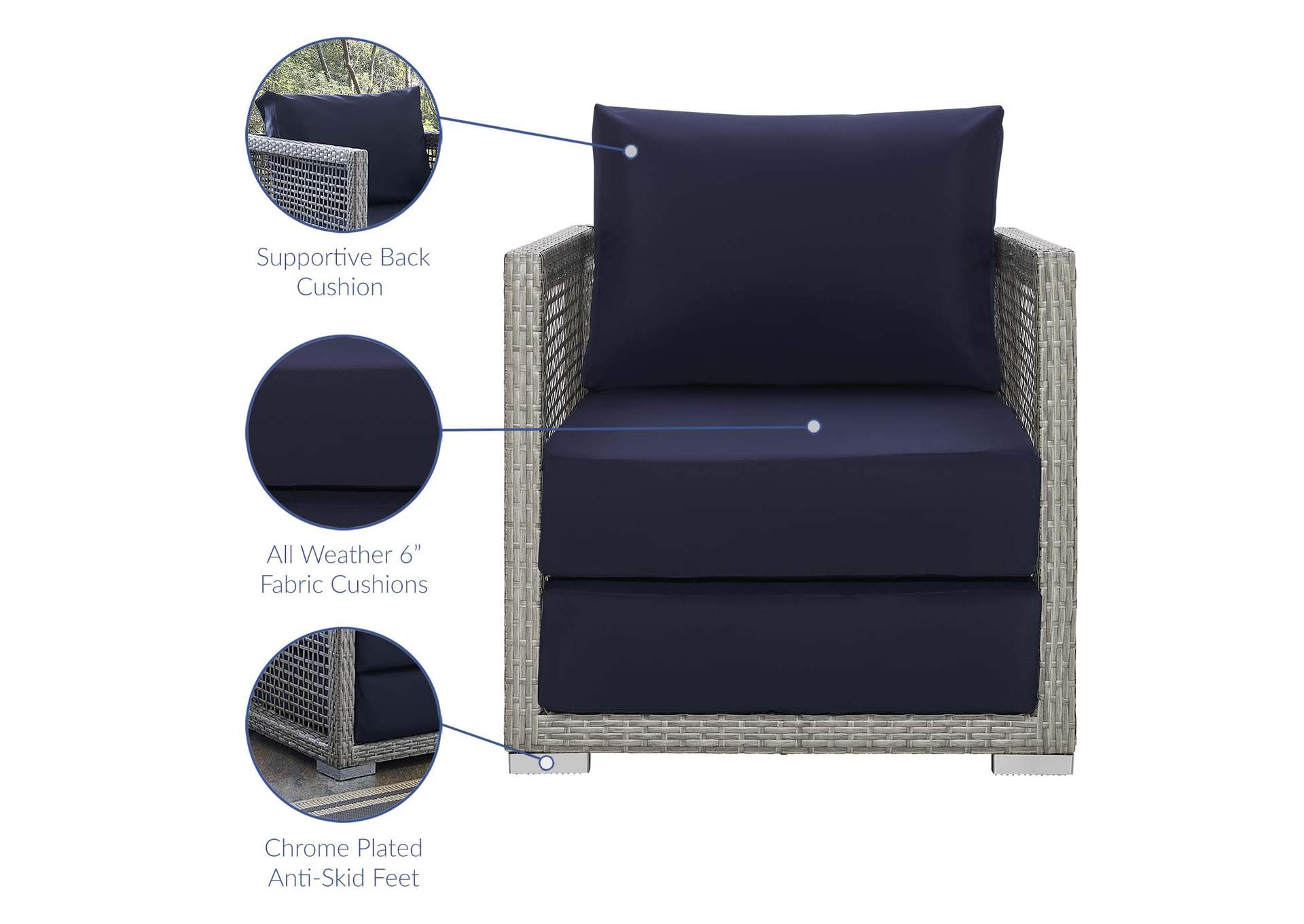 Gray Navy Aura 3 Piece Outdoor Patio Wicker Rattan Set,Modway