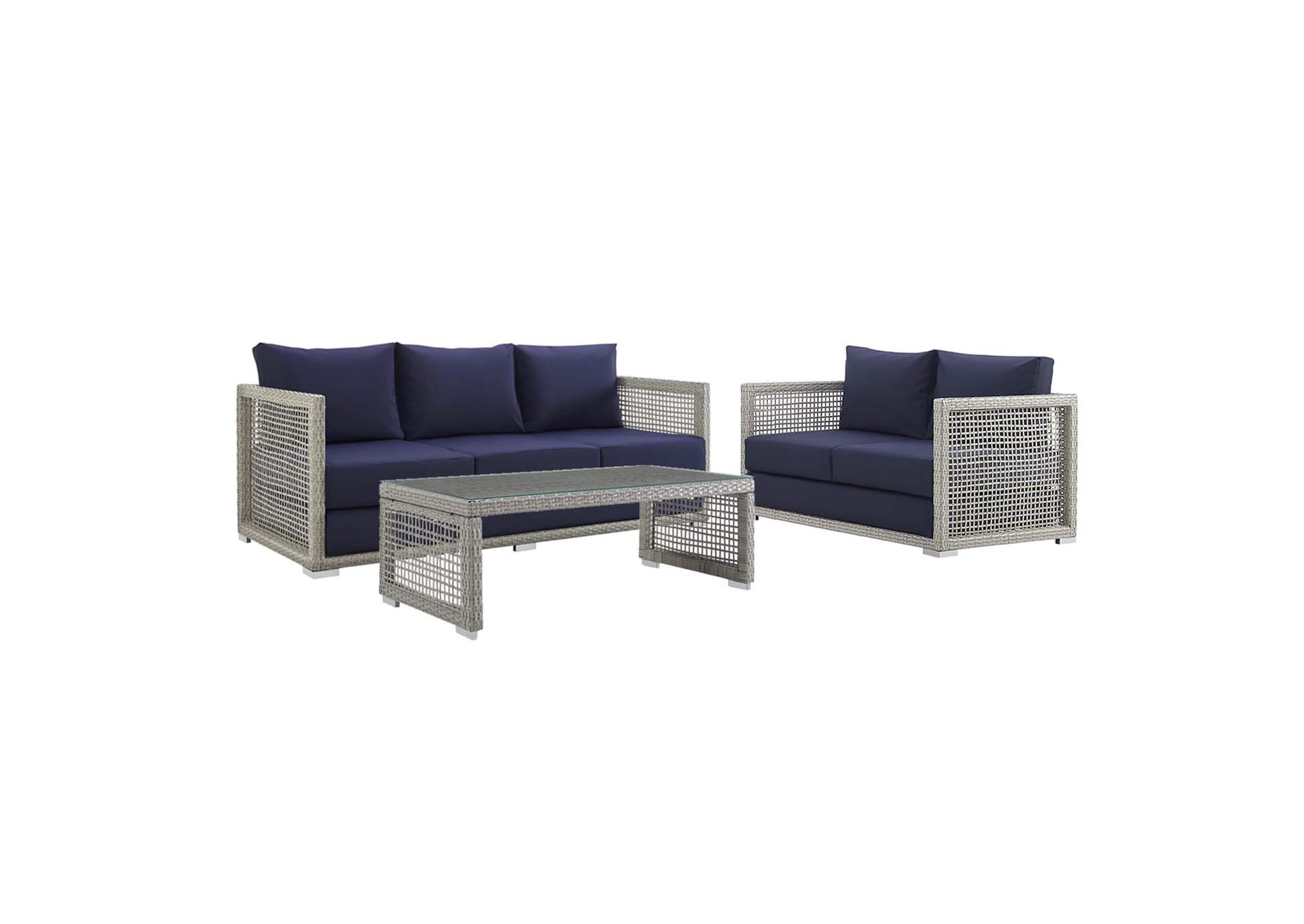 Gray Navy Aura 3 Piece Outdoor Patio Wicker Rattan Set,Modway