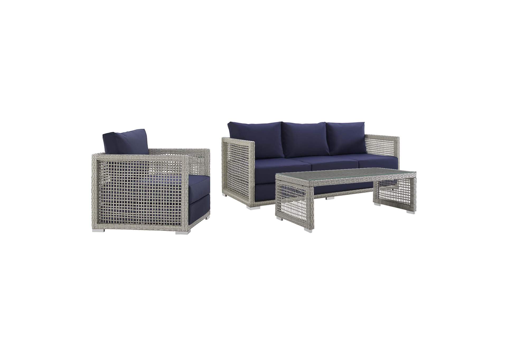 Gray Navy Aura 3 Piece Outdoor Patio Wicker Rattan Set,Modway